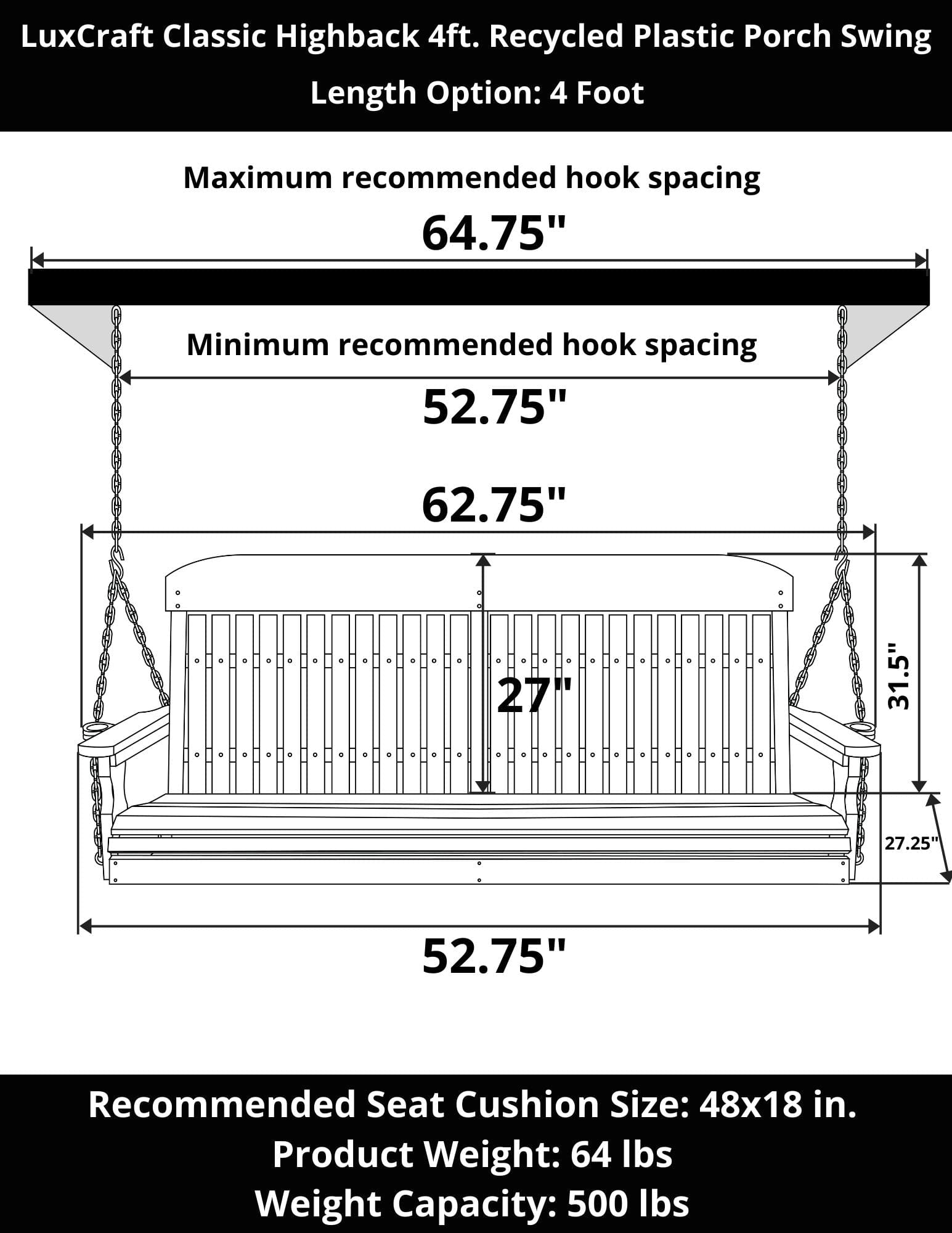LuxCraft Classic Highback 4ft. Recycled Plastic Porch Swing - Outdoor Patio Furniture for Garden, Backyard, and Deck Relaxation