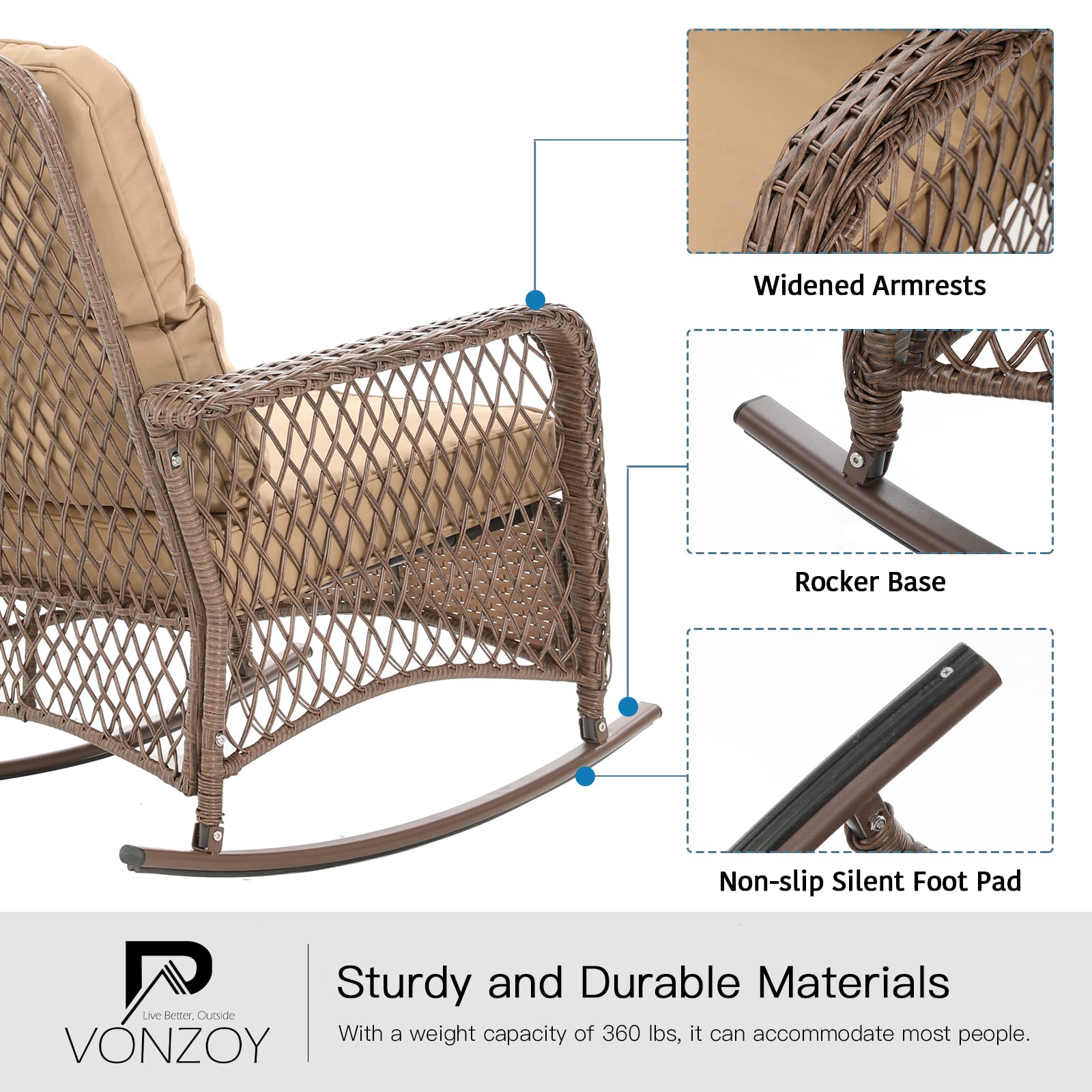 3-Piece Patio Furniture Set - Wicker Rocking Bistro Set with Thick Cushions, Outdoor Rocking Chairs & Coffee Table for Porch, Backyard or Garden (Khaki) | Perfect for Relaxing, Entertaining & Outdoor Dining