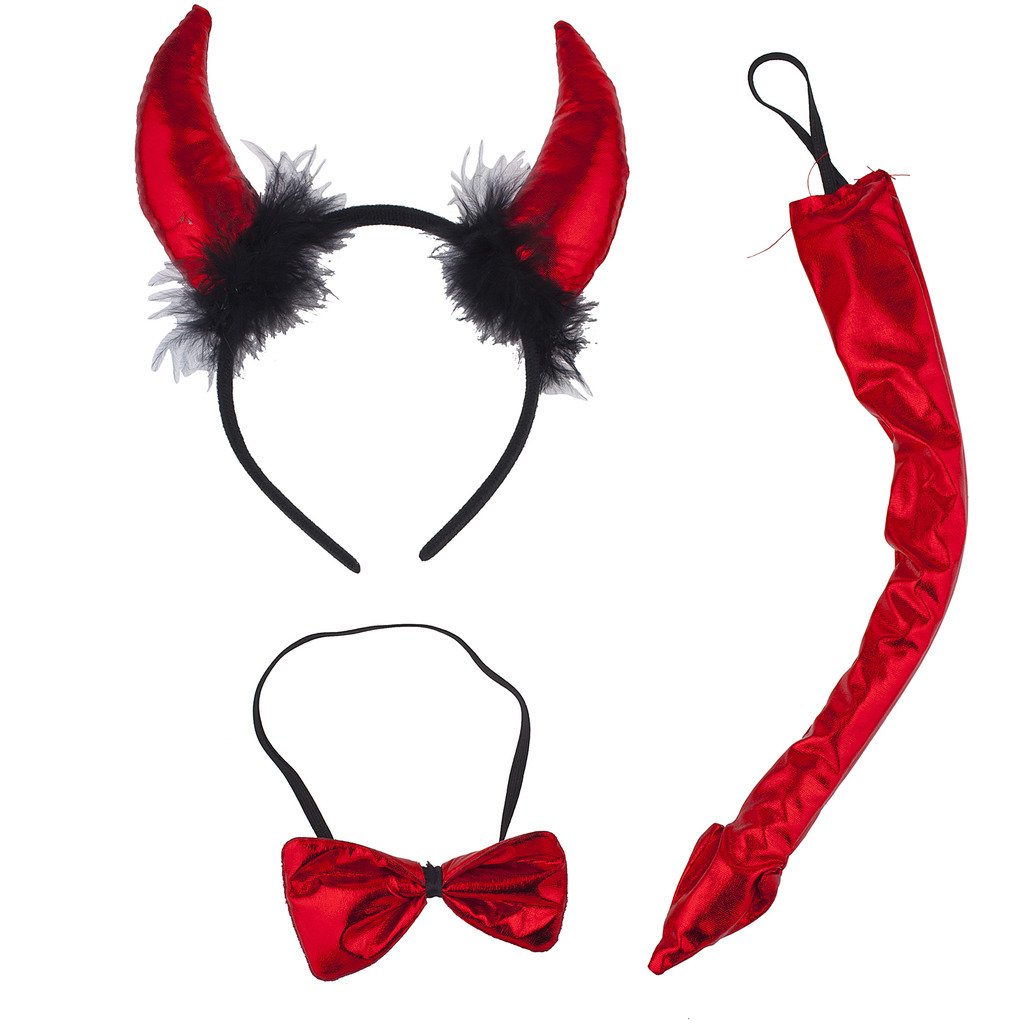 LUX ACCESSORIES Halloween Girls Fun Red Black Fuzzy Sexy Devil Costume Accessory Set 3PC - Perfect for Halloween Parties, Cosplay, and Themed Events