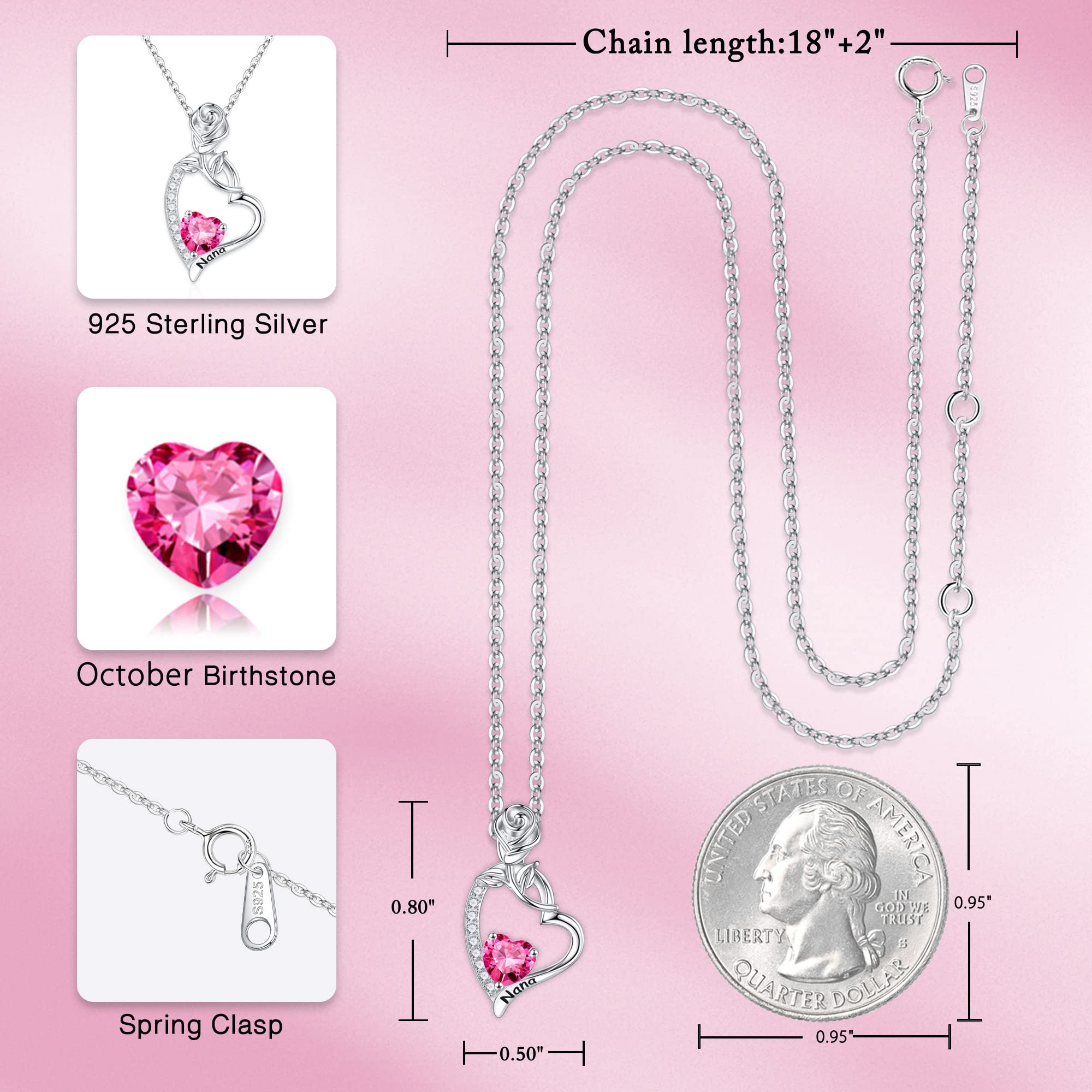 925 Sterling Silver Rose Heart Necklace with Birthstone - Elegant Grandma Jewelry Gift for Birthday, Mother's Day & Anniversary | Perfect for Special Occasions & Everyday Wear