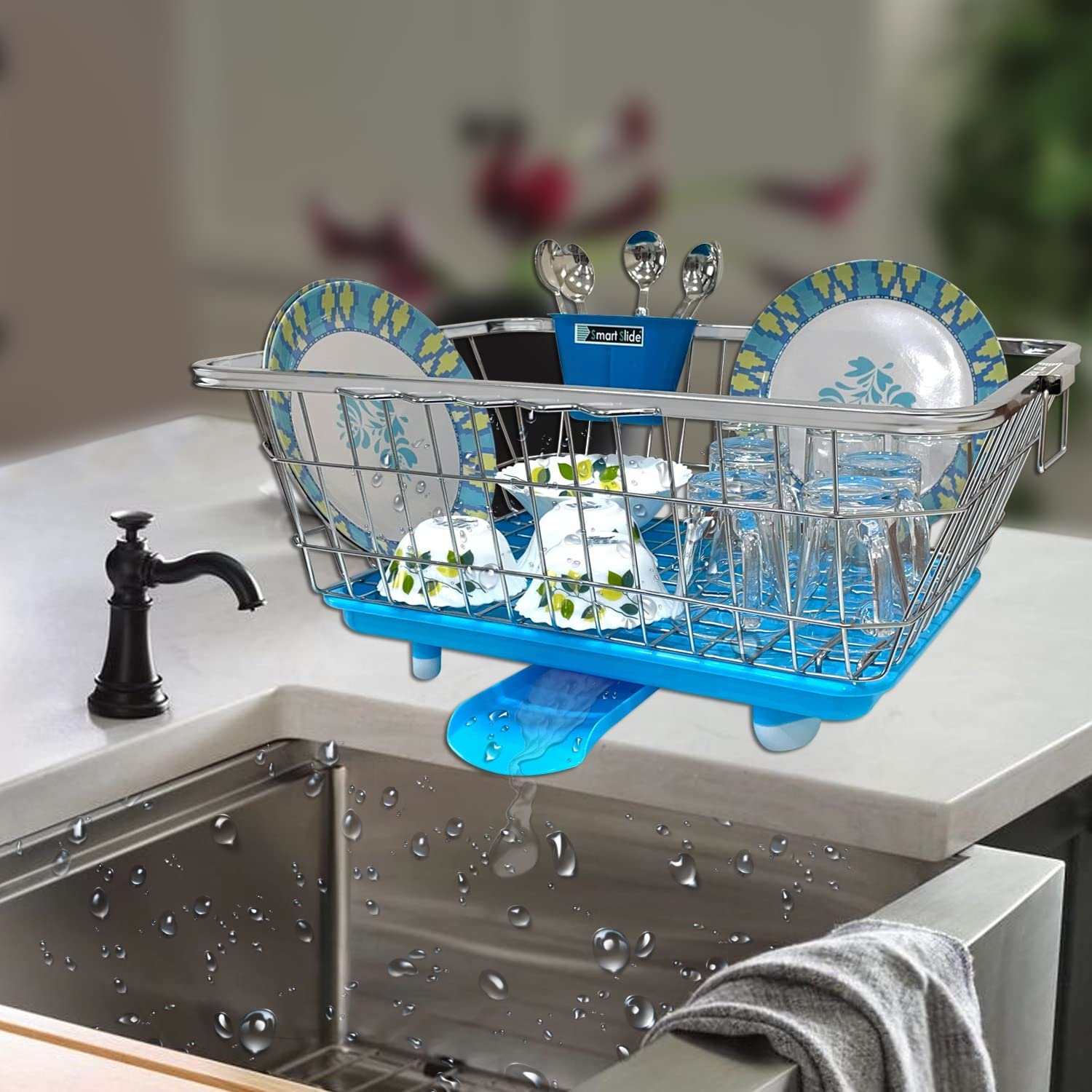 SmartSlide Stainless Steel Utensil Basket & Dish Drainer with Tray - Kitchen Sink Organizer, Spoon Holder & Drying Rack for Dishes, Cutlery & Cookware - Perfect for Countertop, RV, Small Spaces & Dishwashing Stations