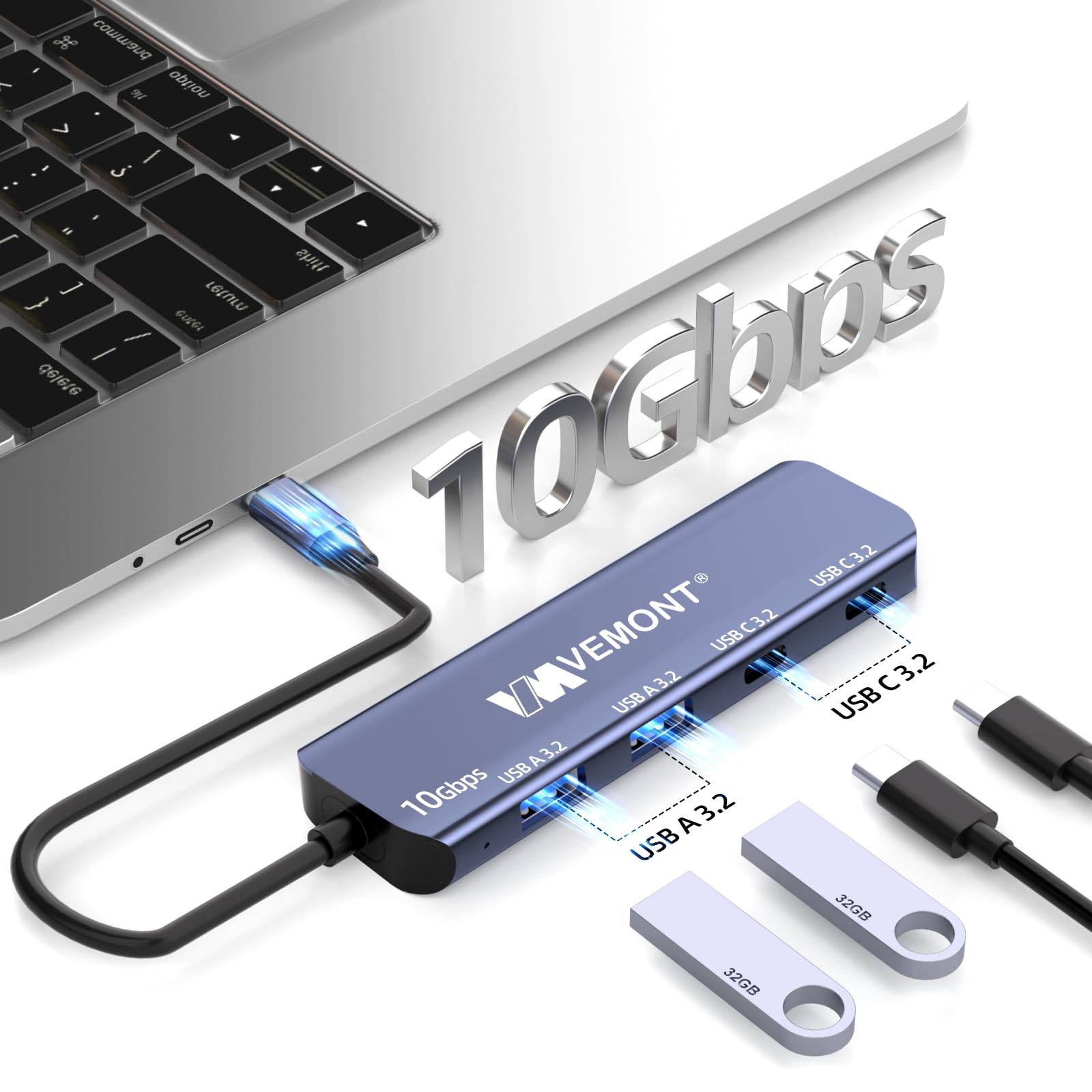VEMONT Aluminum USB C Hub 3.2 Gen 2 (10Gbps) with 2 USB-C & 2 USB-A Ports - Ultra Slim Multi-Port Adapter for MacBook Pro/Air 2022/2021, iPhone 15, iPad Pro, Dell XPS, Surface Pro | Perfect for Office Work, Travel & Home Use