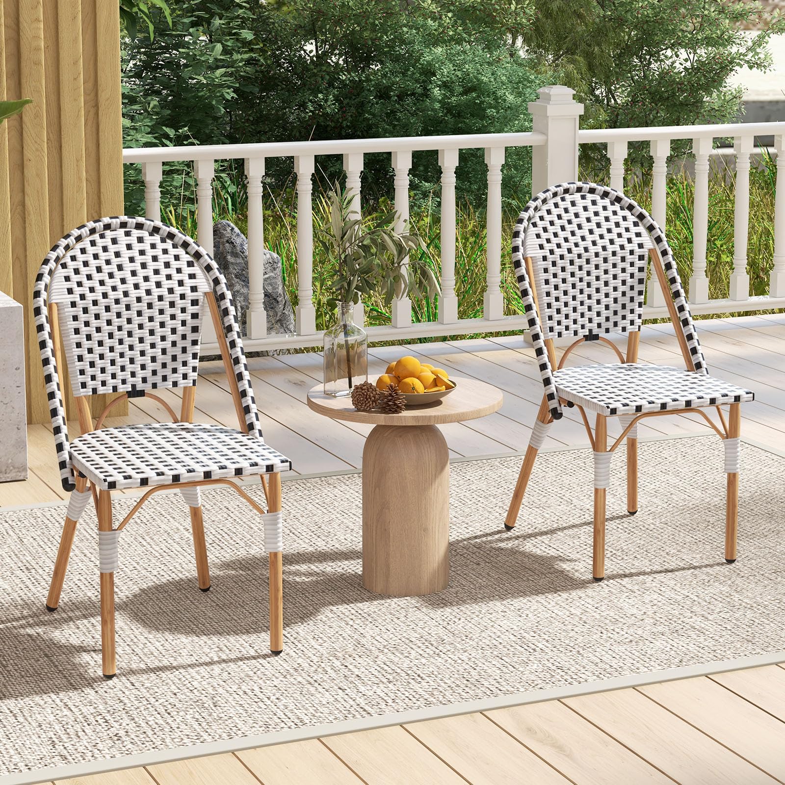 Tangkula French Bistro Chair Set of 4 - Outdoor Armless Dining Chairs with Hand-Woven Rattan & Galvanized Metal Frame - Patio Kitchen Garden Backyard Porch Accent Chairs (Black & White) - Perfect for Al Fresco Dining, Coffee Shops, and Coastal Decor