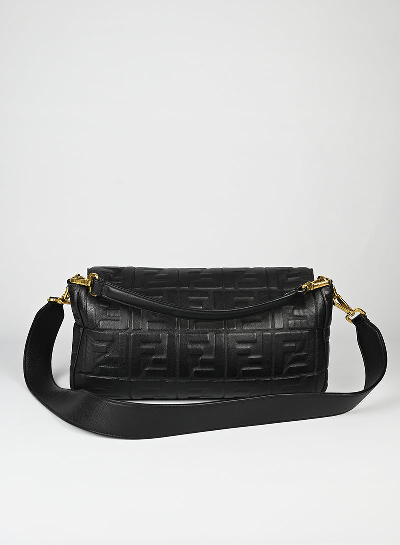 Fendi Black Leather Maxi Baguette Shoulder Bag with FF Logo - Perfect for Work, Travel & Evening Events