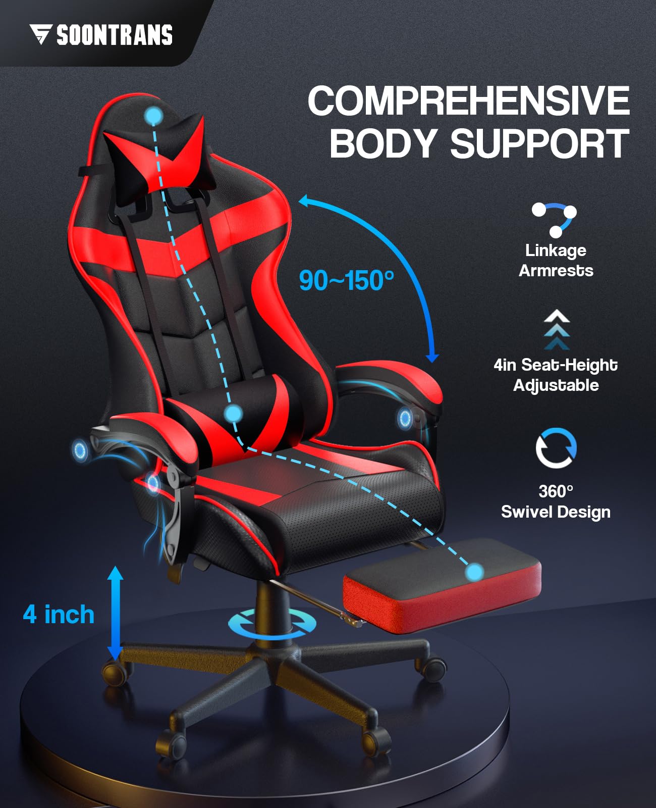 Soontrans Red Gaming Chair with Footrest - Ergonomic Racing Style Computer Gaming Chair with Adjustable Headrest & Lumbar Support - Perfect for PC Gaming, Esports, Home Office & Streaming Setup