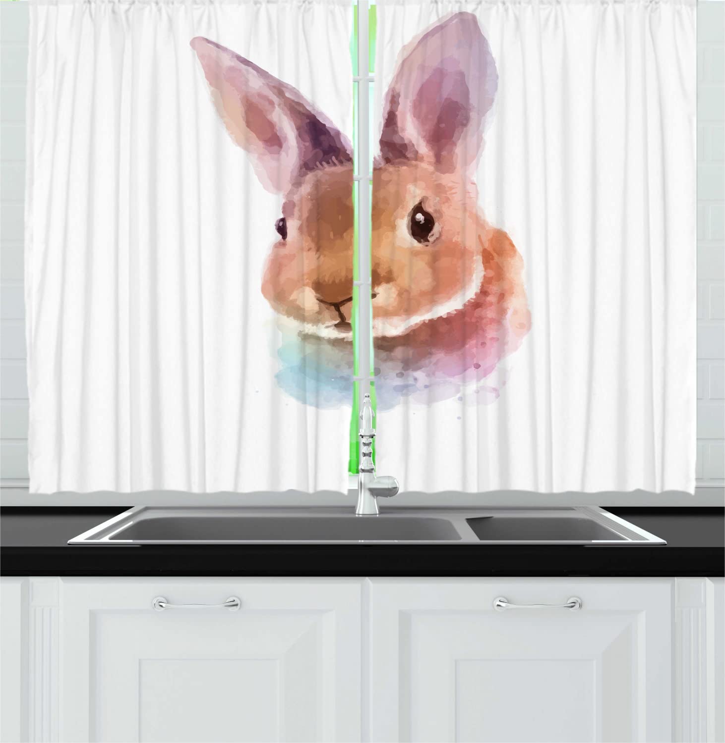 Ambesonne Bunny Long Kitchen Curtains - Watercolor Rabbit Head Wildlife Design, 2 Panel Rod Pocket Drapes 55