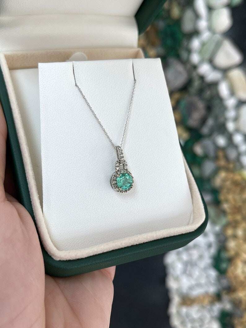 1.10tcw Emerald Round Cut & Diamond Halo 14K White Gold Pendant Necklace for Women - Elegant Jewelry Gift for Birthday, Anniversary & Special Occasions