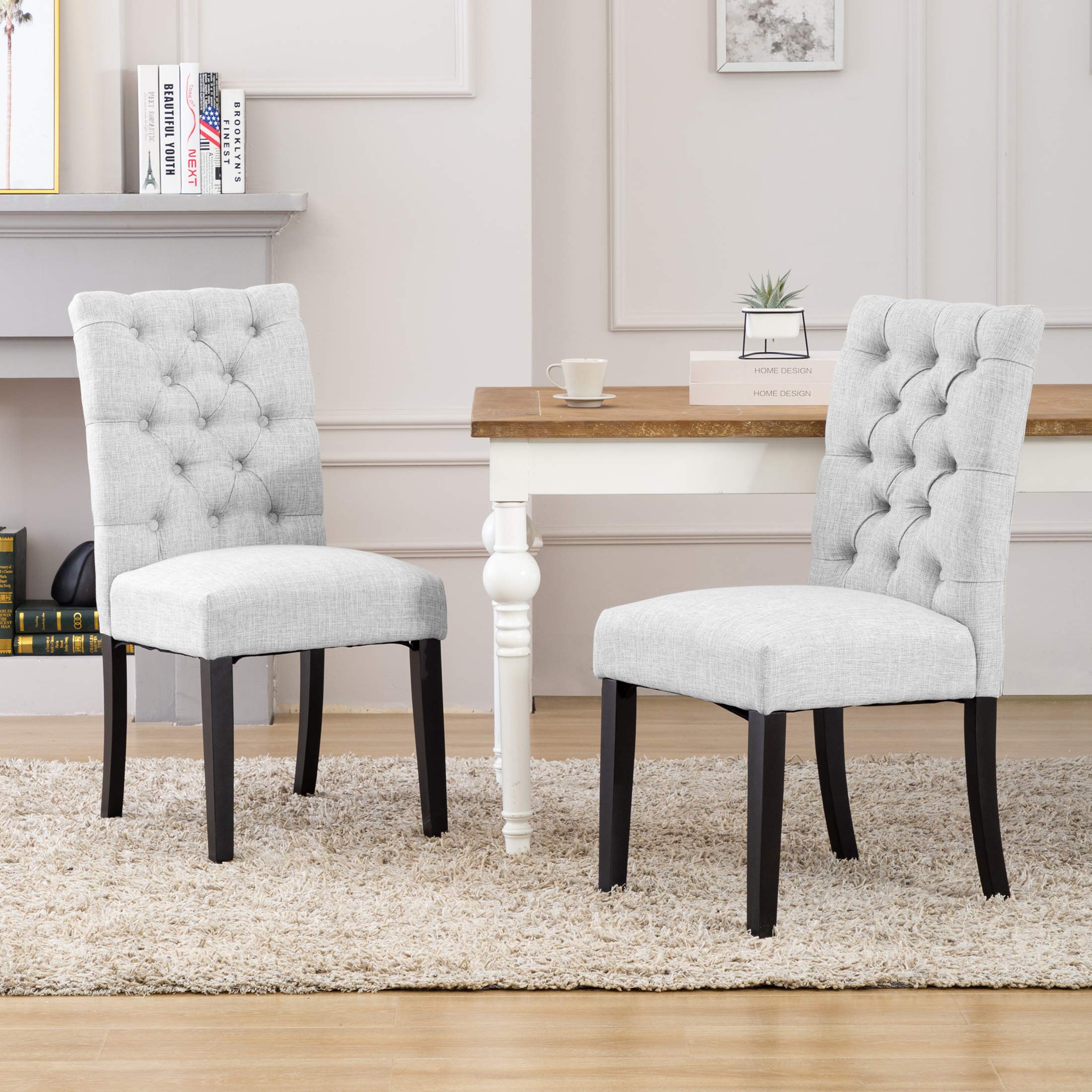 WestinTrends Hayes Tufted Dining Chairs Set of 2 - Linen Upholstered Kitchen & Dining Room Chairs with Solid Wood Legs, Light Gray - Perfect for Modern Farmhouse, Breakfast Nook & Formal Dining Room Decor