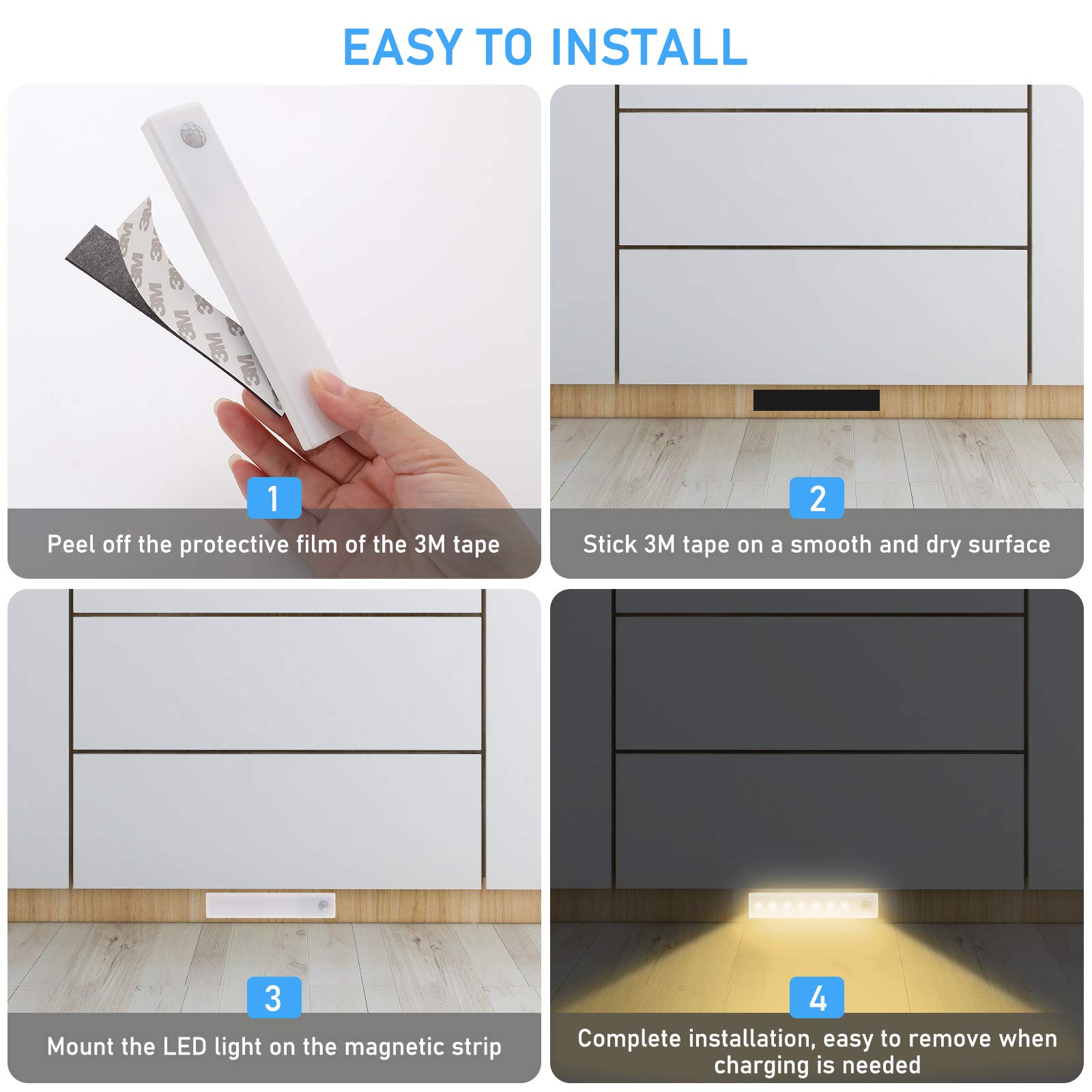 Tolare Motion Sensor Closet Light - Wireless Under Cabinet Lighting, USB Rechargeable LED Stick-on Lights for Bedroom, Kitchen & Stairs (3 Pack, Warm White) - Perfect for Nighttime Safety & Convenient Home Illumination