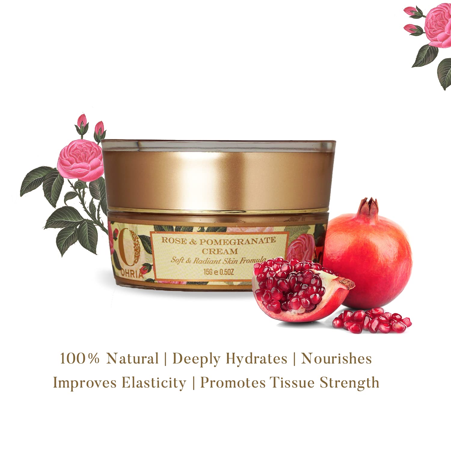 Ohria Ayurveda Rose & Pomegranate Face Cream with Almond, Ashwagandha & Wheat Germ Oil - Radiant & Softening Moisturizer for All Skin Types | 15g | Perfect for Daily Skincare Routine & Nighttime Hydration