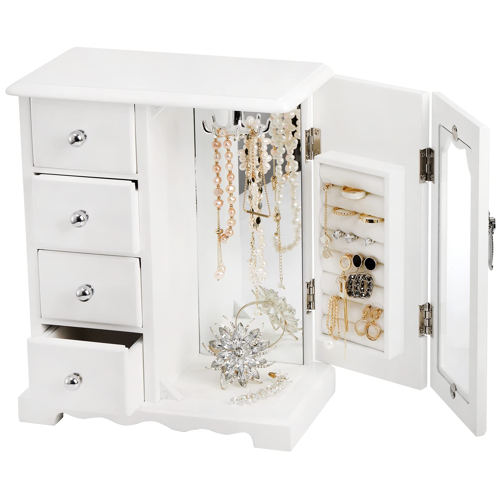 Wood Jewelry Box with Mirror & 4 Drawers - Jewelry Organizer for Women - Perfect for Rings, Earrings & Necklaces - Great Mother's Day Gift