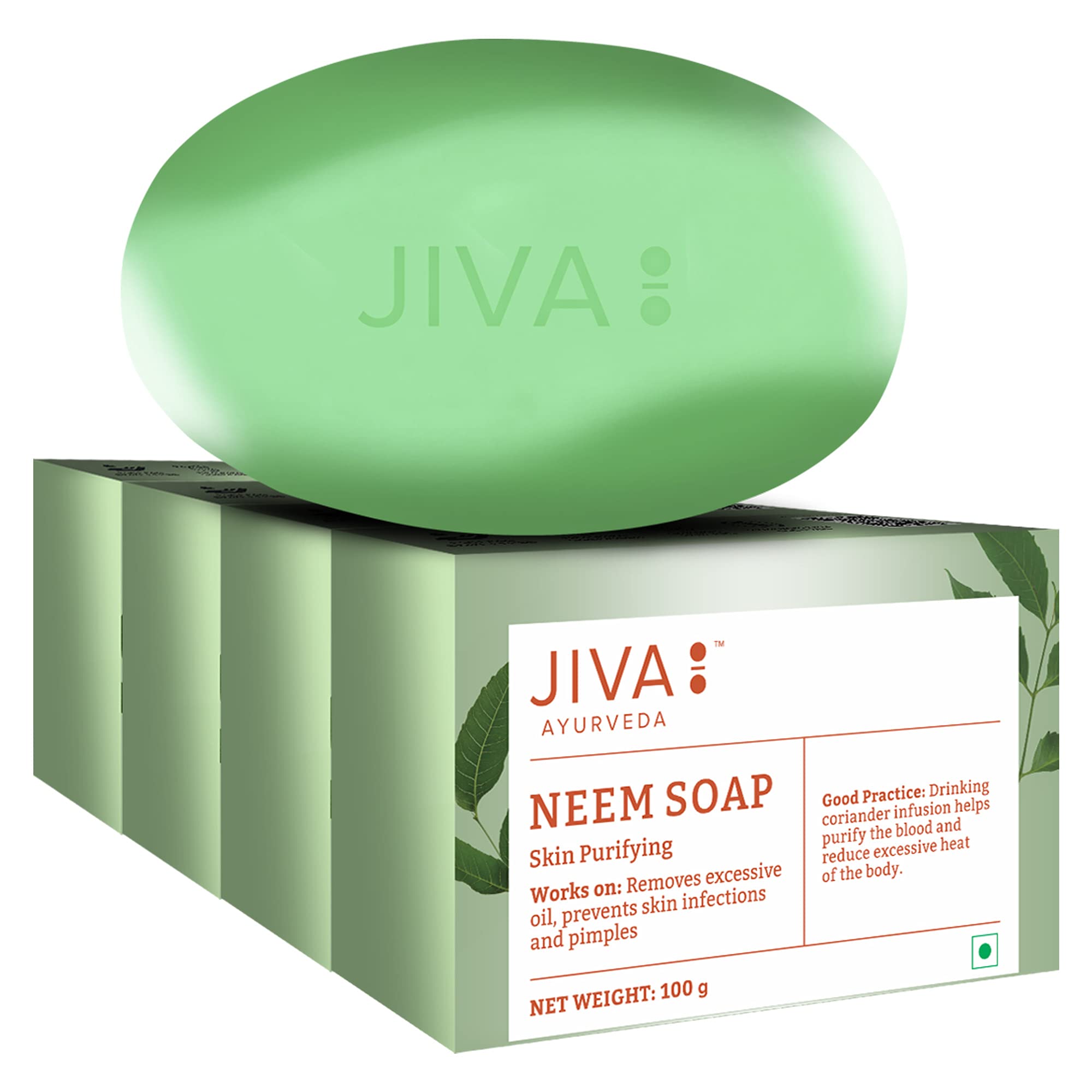 Jiva Ayurveda Neem Soap - 100gm (Pack of 4) | Natural Acne Treatment & Oil Control for Clear Skin | Perfect for Oily & Acne-Prone Skin Daily Care