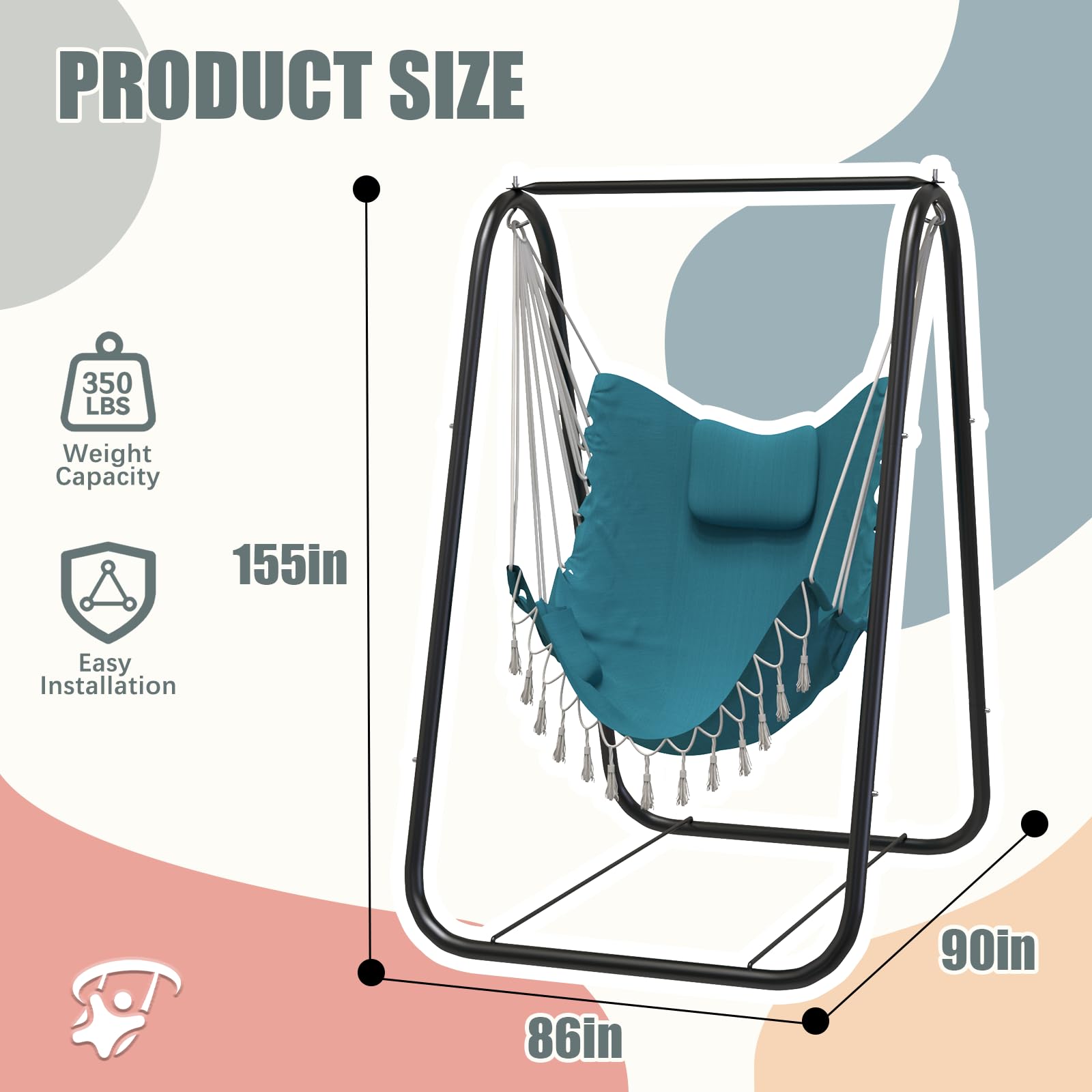 GTALECO GEAR Heavy-Duty Rustproof Hammock Chair with Stand - Indoor/Outdoor Hanging Swing Chair for Patio, Yard, Garden & Porch - Perfect for Relaxing, Reading & Lounging (Aqua Blue)