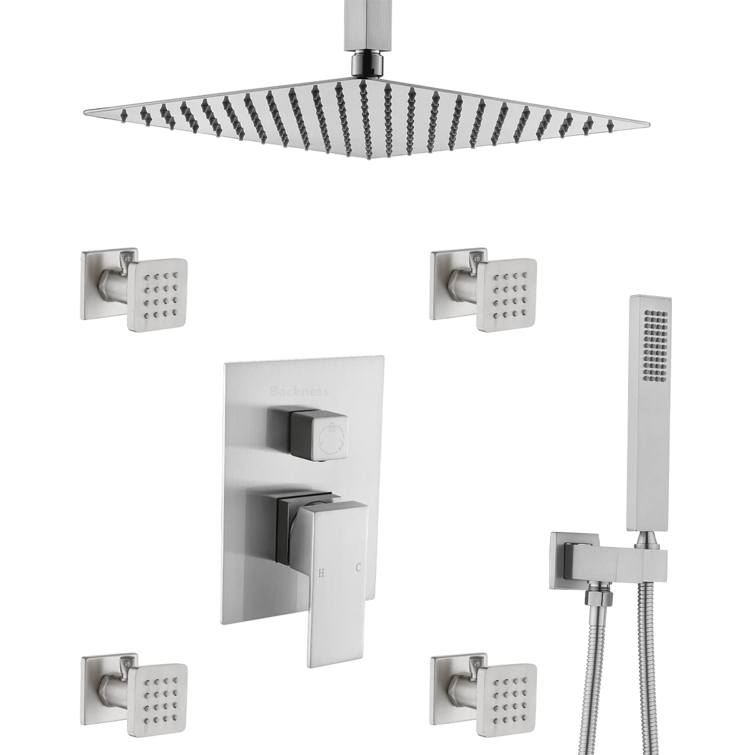 12 Inch Ceiling Mount High Pressure Shower System with 4 Adjustable Body Sprays - Brushed Nickel Rain Shower Combo for Luxury Bathroom Upgrade | Perfect for Master Bath, Spa-Like Experience & Modern Home Renovation