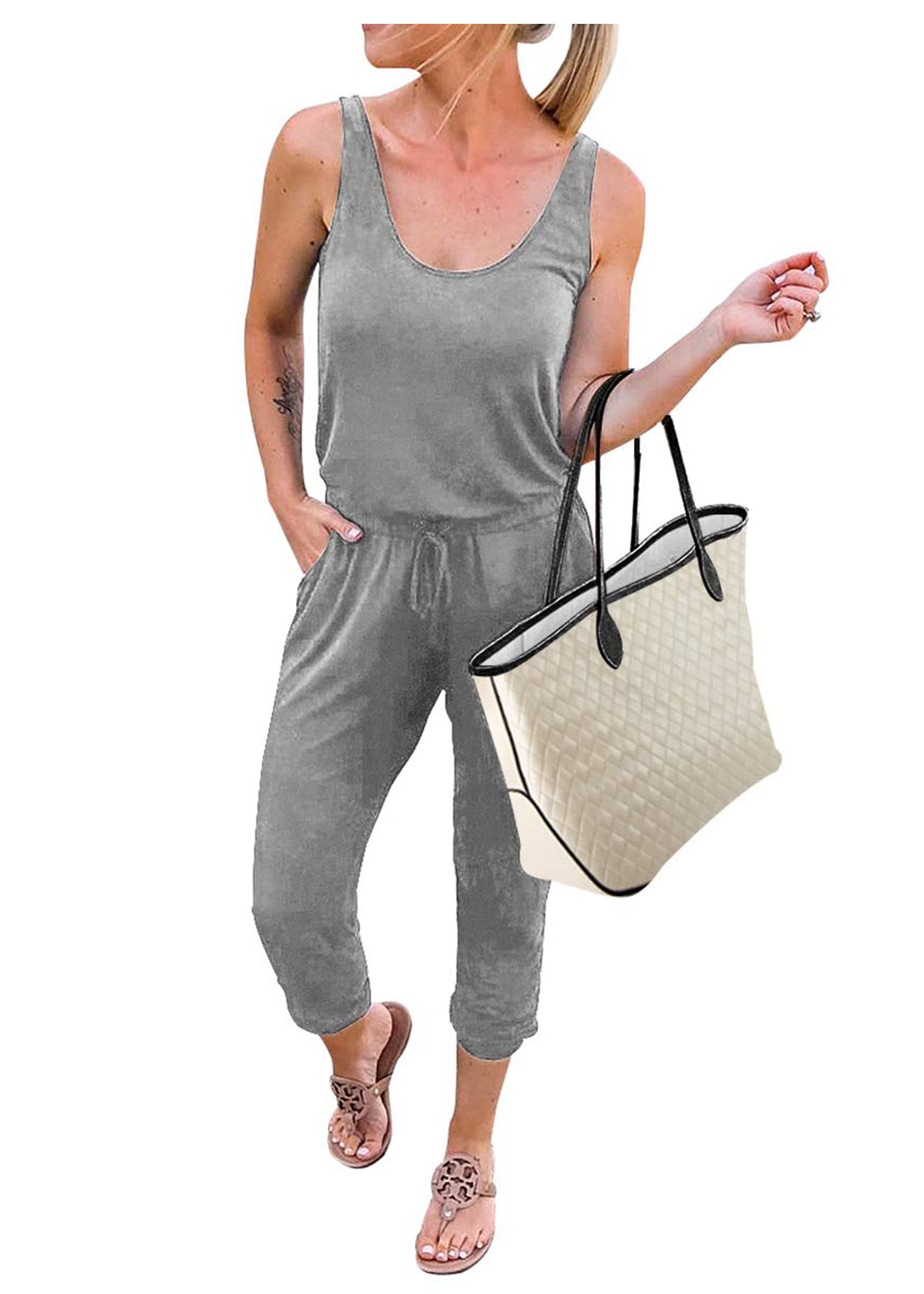 KIRUNDO 2023 Women's Summer Jumpsuits - Sleeveless Casual Romper with Elastic Waist & Pockets | Breathable Lounge Wear for Beach, Travel & Home Relaxation