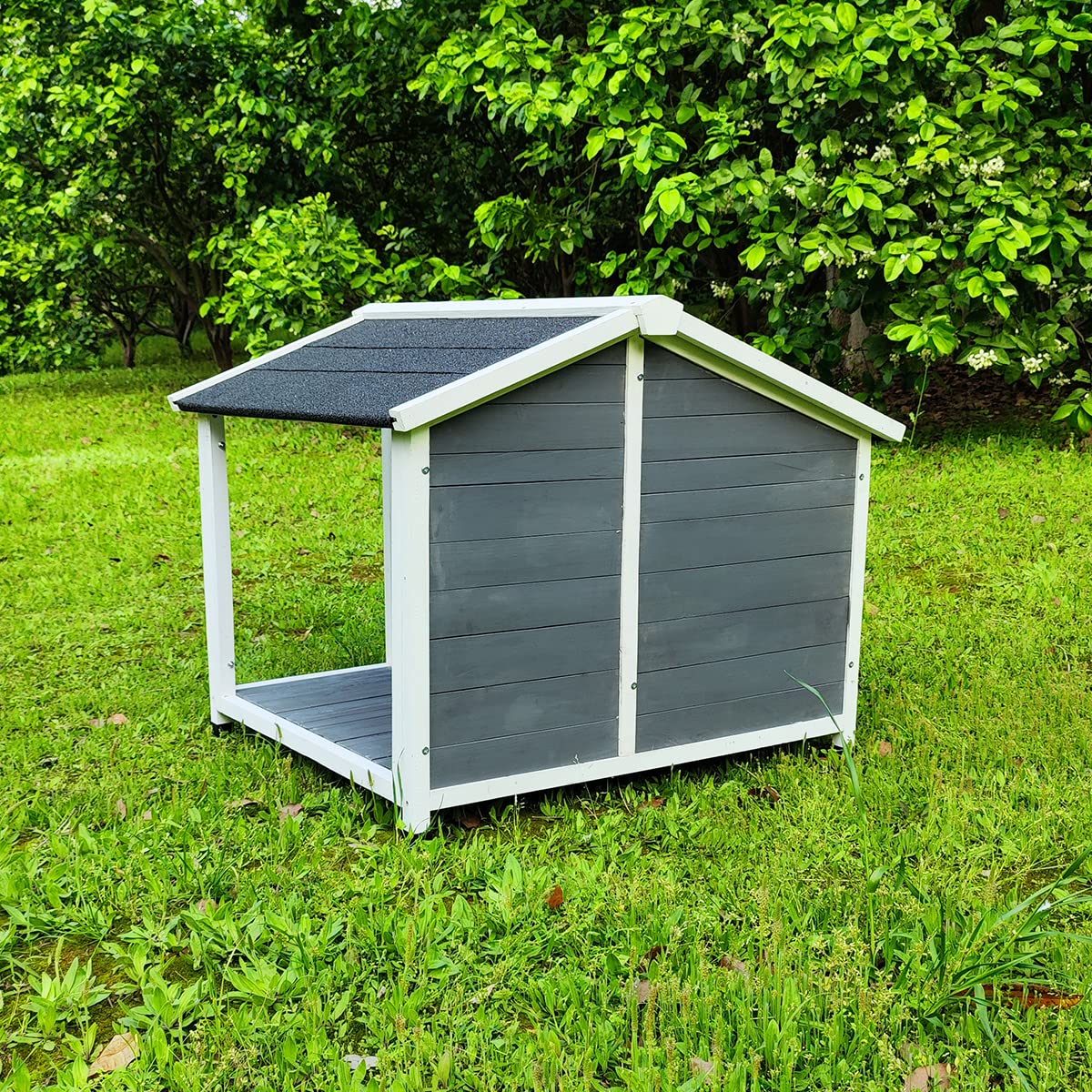 Large Outdoor Wooden Dog House - Waterproof & Windproof Insulated Dog Kennel with Porch Deck - Durable Weatherproof Shelter for Medium to Large Dogs - Perfect for Backyard, Patio, or Garden Use