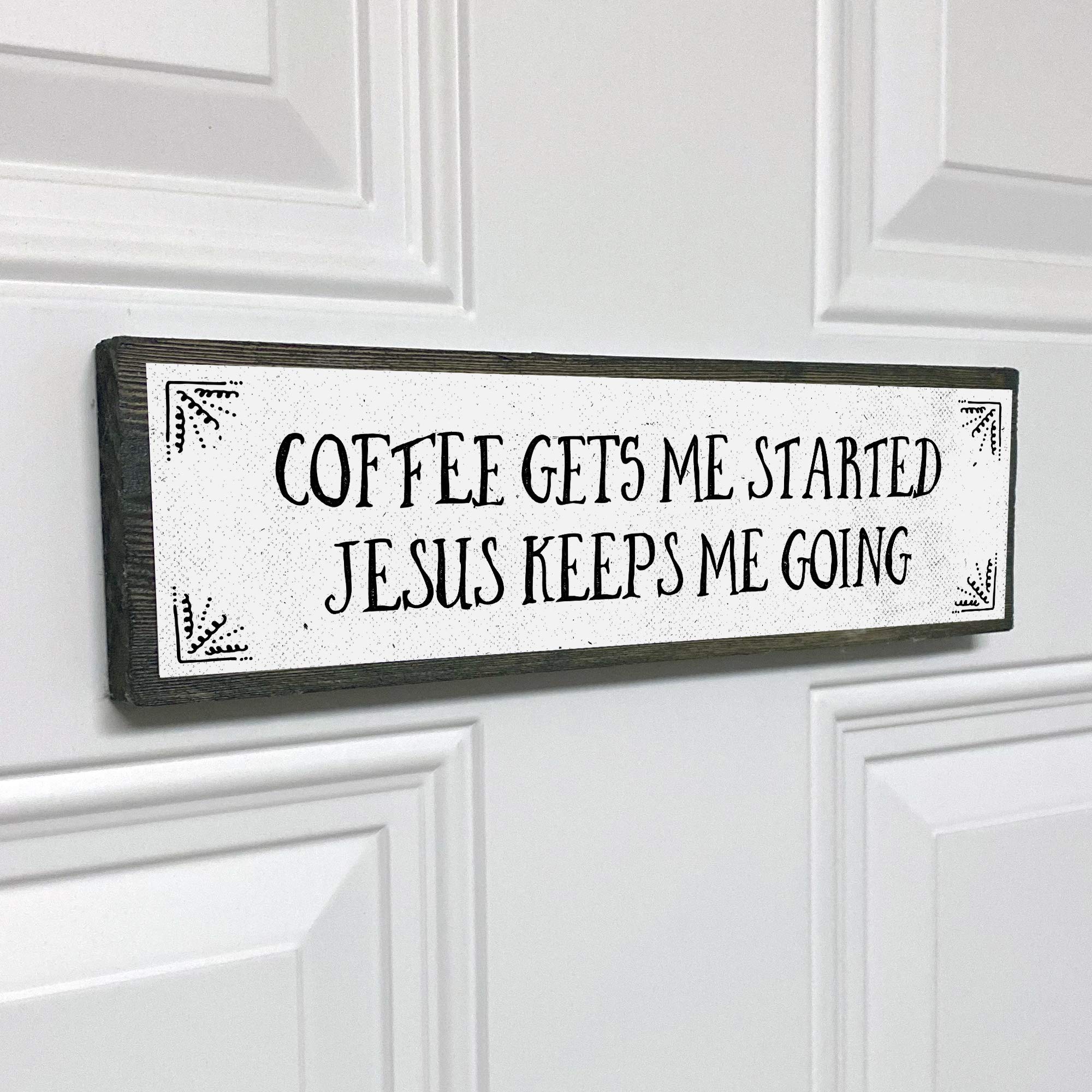 Personalized Coffee Wood Sign - Medium Size with Wood & Metal Design - 'Coffee Gets Me Started, Jesus Keeps Me Going' - Perfect for Home Decor, Kitchen, Office & Gifts