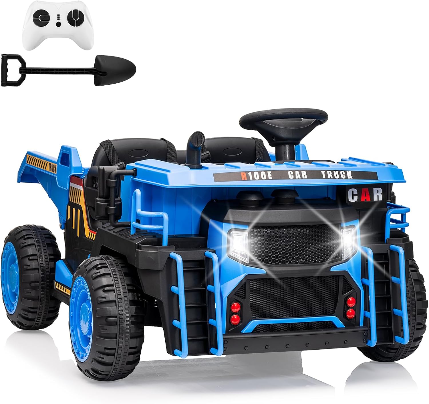 GARVEE 24V Electric Ride-On Dump Truck for Kids - 2 Seater Remote Control Construction Toy with Dump Bed, Shovel, Music Player & 2WD/4WD Modes (Up to 4.35Mph, Blue) - Perfect for Outdoor Play, Birthday Gifts & Construction-Themed Adventures