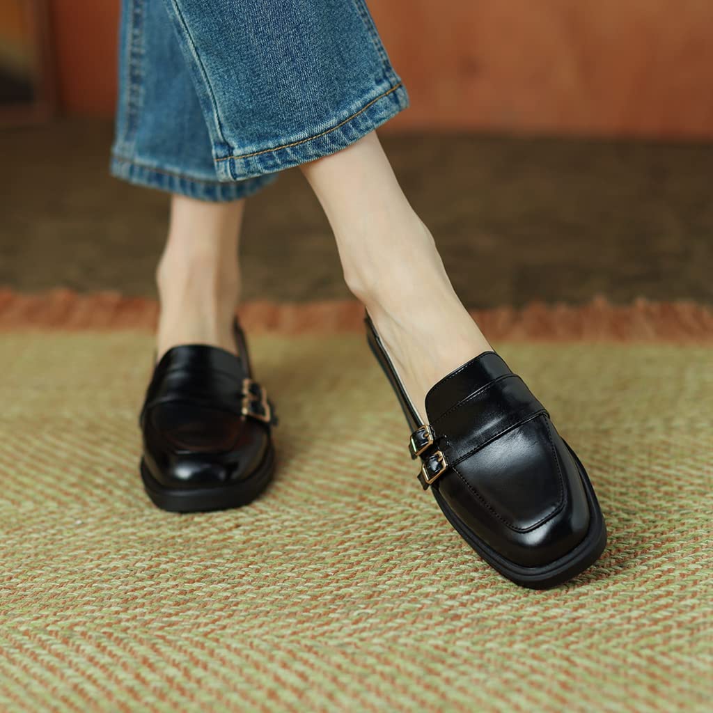 Women's Classic Buckle Slip-On Penny Loafers - Genuine Leather Square Toe Oxford Shoes for Business & Dress | Comfortable Work Flats for Office, Commuting & Professional Occasions