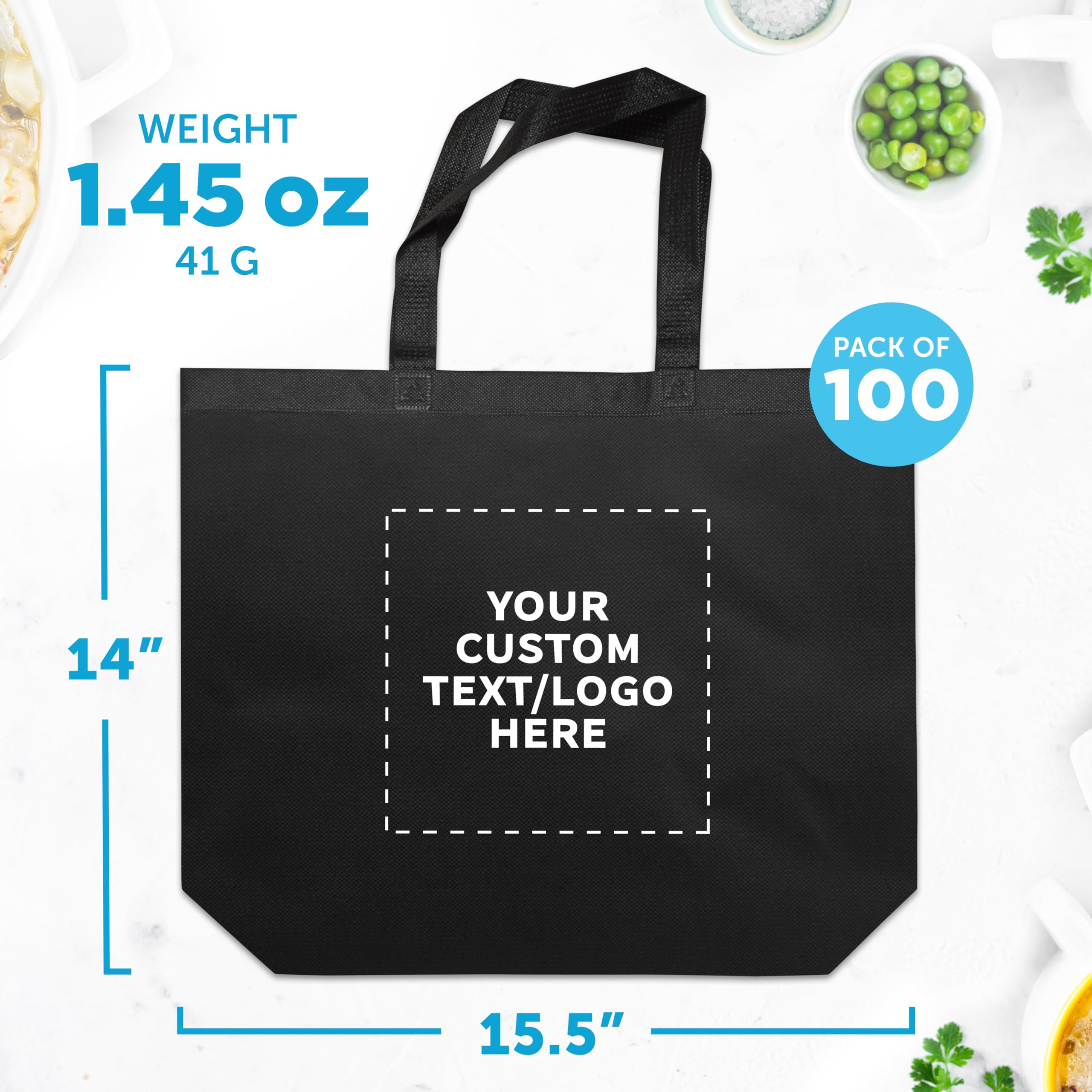Custom Jumbo Reusable Tote Bags Bulk Pack of 100 - Personalized Grocery & Shopping Bags for Women, Promotional Giveaways - Black | Perfect for Retail Stores, Events, Trade Shows & Eco-Friendly Shopping
