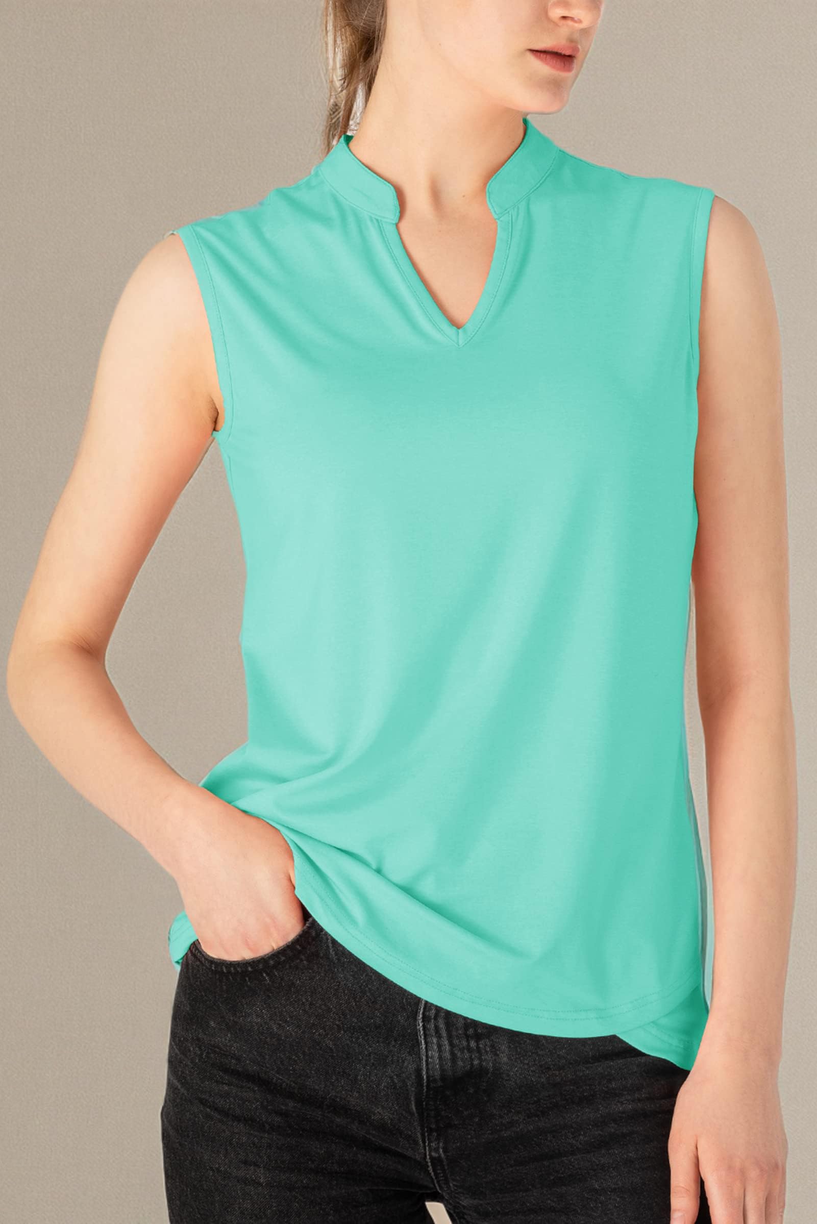BASUDAM Women's Sleeveless Golf Polo Shirts - Breathable Quick Dry Athletic T-Shirt for Tennis, Running & Workouts | V-Neck Collarless Design for Summer Sports & Outdoor Activities