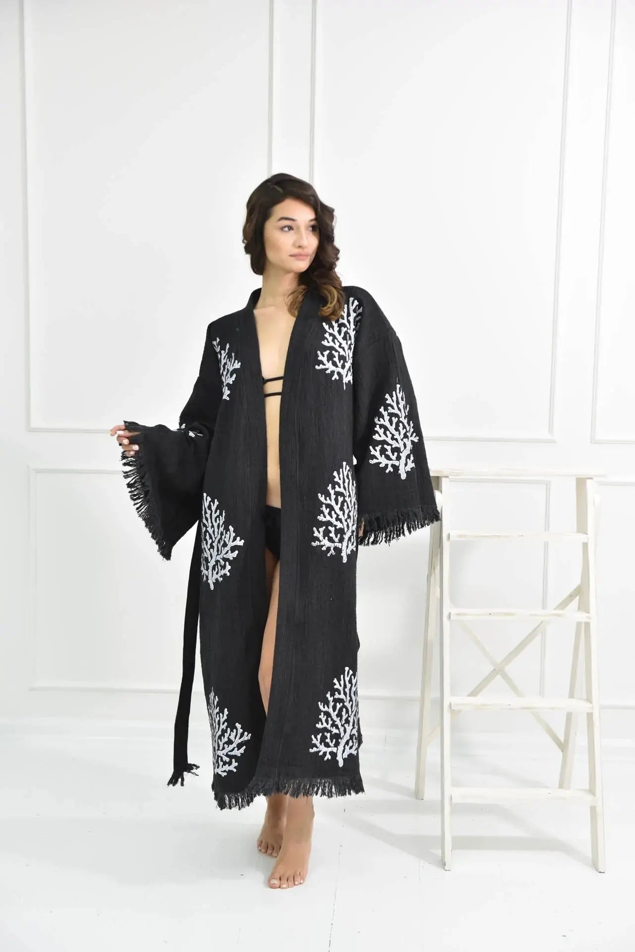 Organic Black Kimono Robe for Women - One Size, Soft & Comfortable Loungewear for Spa, Yoga, and Relaxation at Home