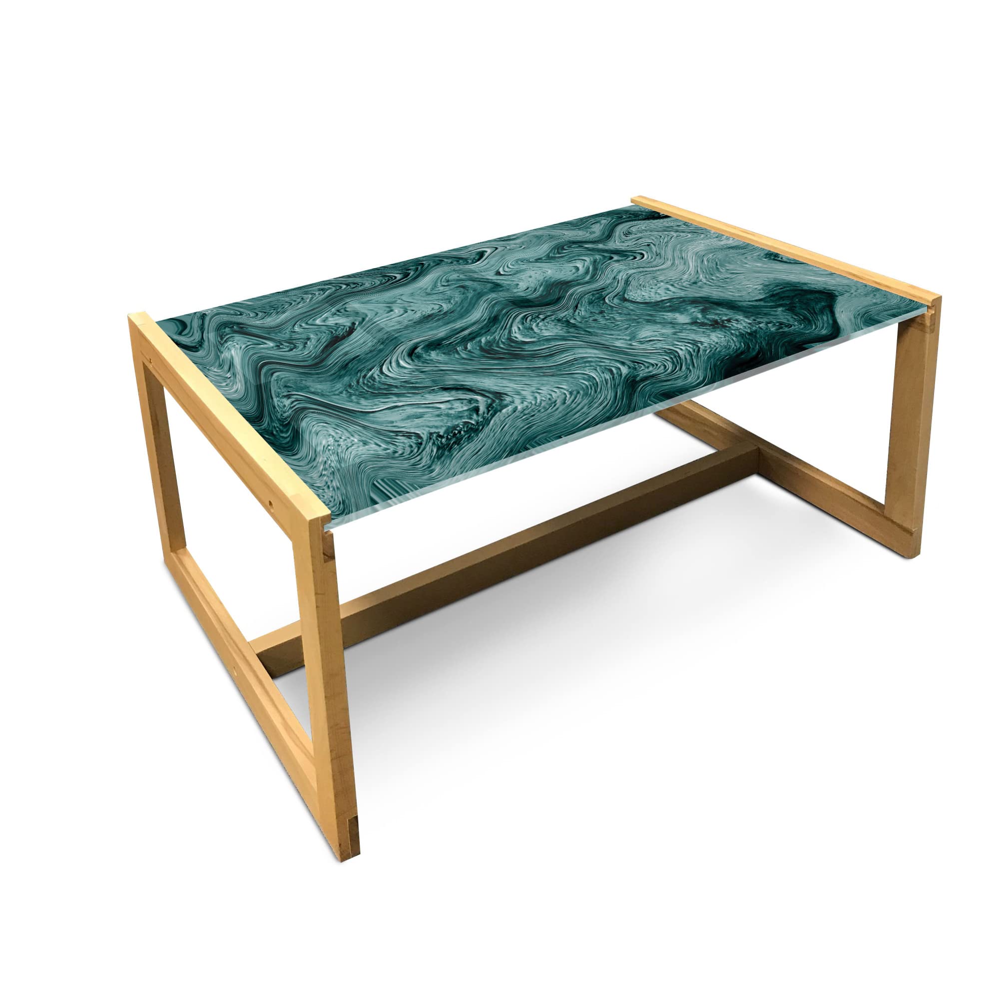 Ambesonne Modern Abstract Marble Coffee Table - Green Fluid Art Design, Acrylic Glass Top with Wooden Frame - Contemporary Center Table for Living Room, Office, Dorm - Large Size in Dark Teal & Cadet Blue - Perfect for Home Decor, Workspace & Small Apartments