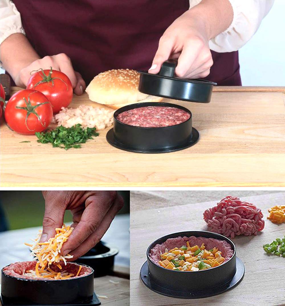 Ultimate 3-in-1 Hamburger Press Patty Maker - Heavy Duty Burger Making Kit for Grilling, BBQ & Kitchen - Perfect for Beef, Turkey & Veggie Patties - Essential Grill Accessories for Backyard Cookouts & Family BBQs (Black)