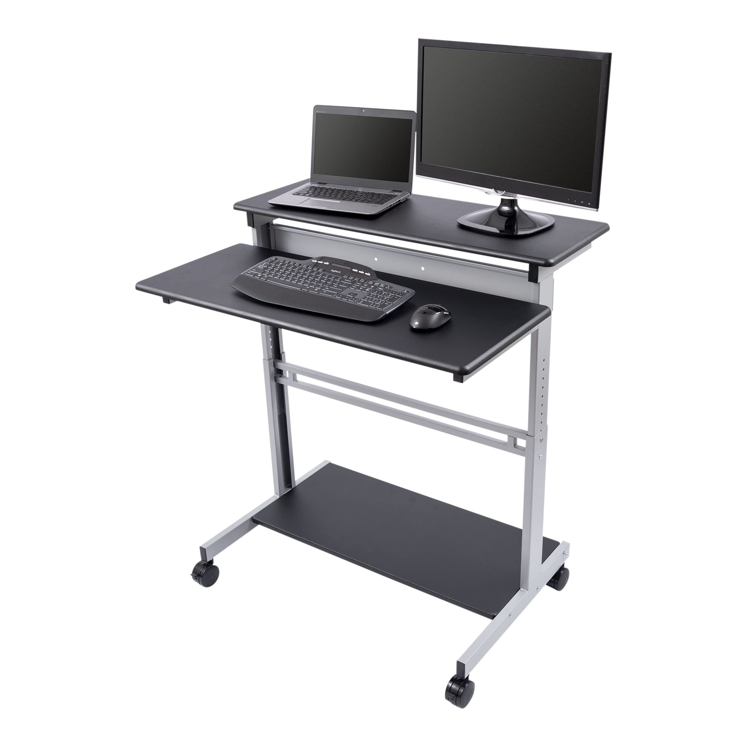 Adjustable Height Rolling Standing Desk with Two-Tier Shelves - Silver Frame & Black Top (40