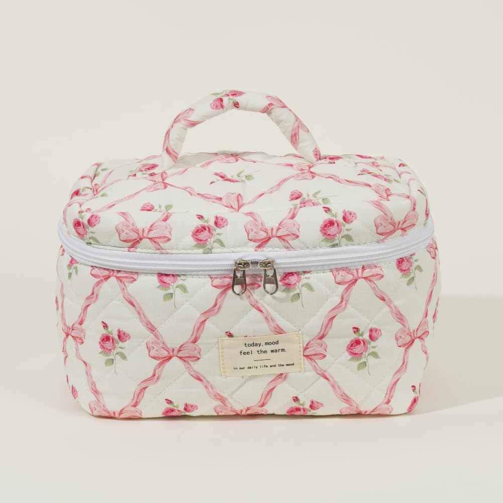 3PCS Cotton Quilted Makeup Bag Set with Pink Ribbon Bow - Large Puffy Cosmetic Organizer for Travel & Storage | Coquette Aesthetic Room Decor for Girls & Teens | Perfect for Daily Use, Gift Giving & Vanity Organization