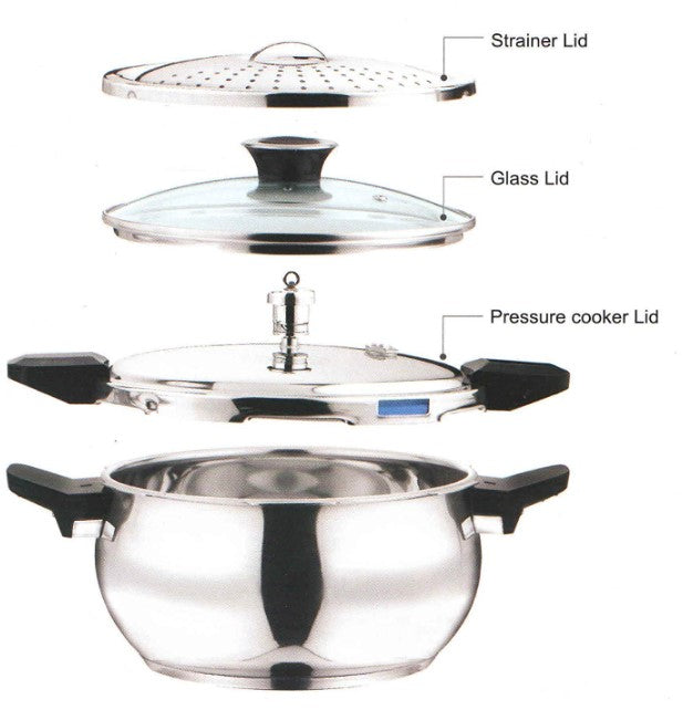 Vinod Magic Stainless Steel Smart 3-in-1 Pressure Cooker 3.5 Litre (9.2 Quart) - 5mm Thick Induction Base, Includes Strainer & Glass Lid - ISI Certified for Gas & Induction Stove Tops - Perfect for Rice, Dal, Soups & One-Pot Meals