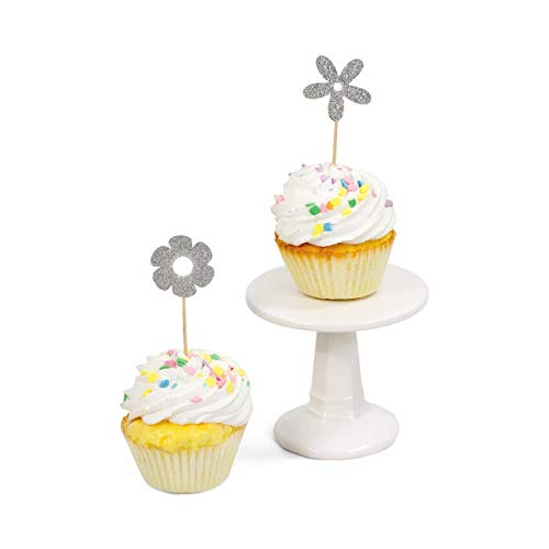 Silver Glitter Cupcake Toppers - Elegant Flower Toothpicks for Baking, Party Decorations & Wedding Desserts