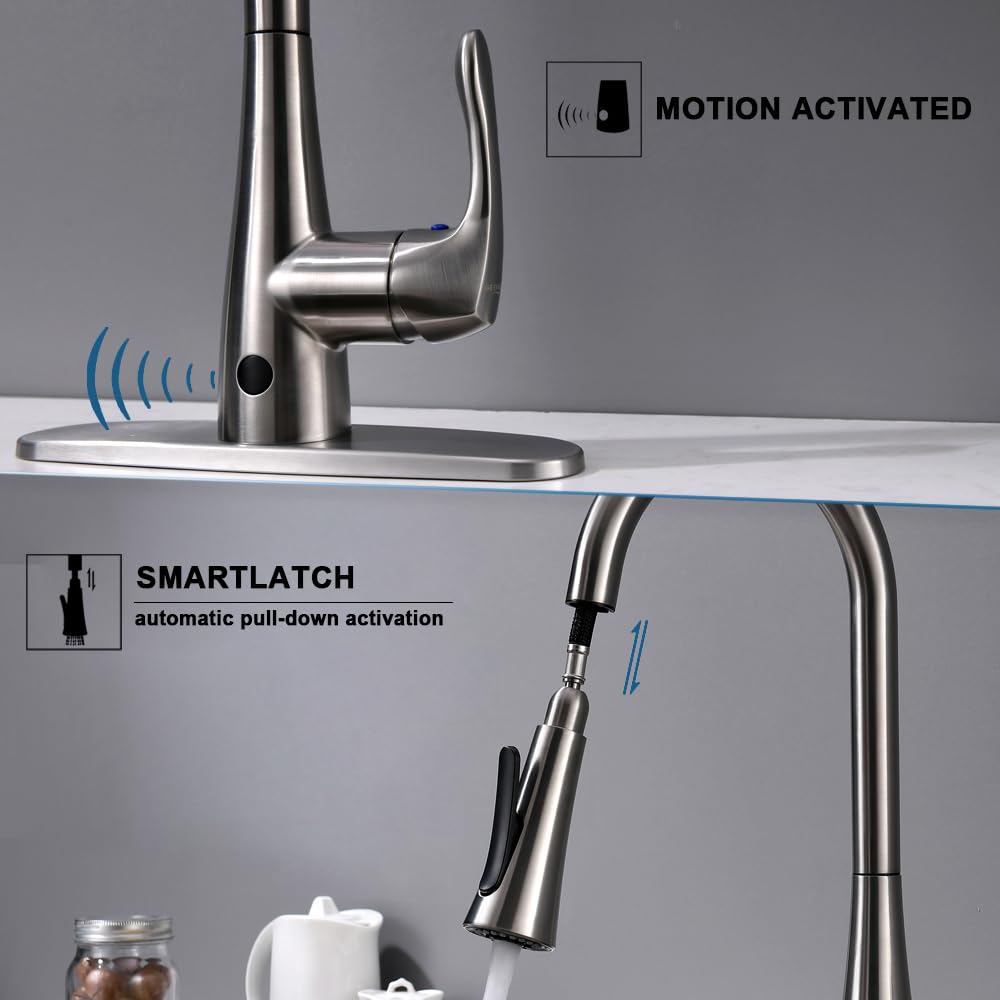 GEOATON Touchless Kitchen Faucet with Dual Motion Sensor, Pull Down Sprayer, Healthy Material, Easy DIY Install in Brushed Nickel for Modern and Hygienic Kitchens
