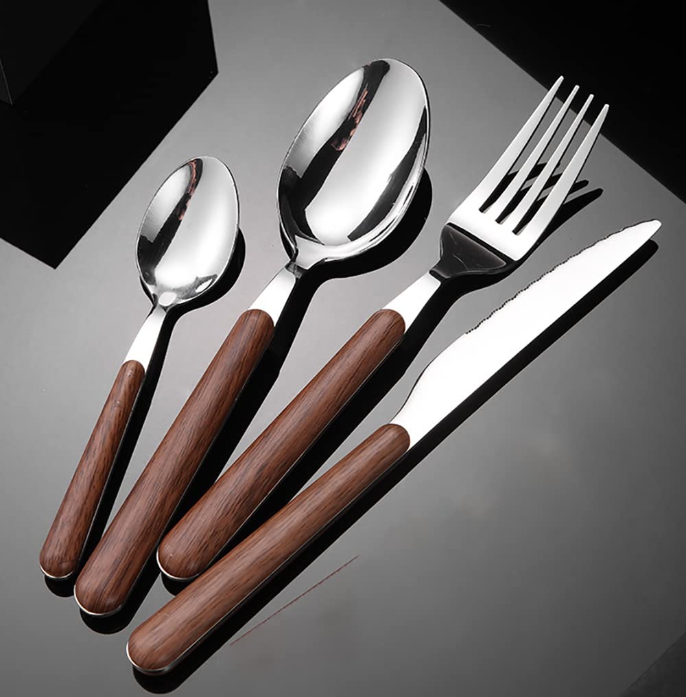 32-Piece Gold Silverware Set for 8 People - Stainless Steel Flatware Set with Wooden Handles (8 Forks, 8 Knives, 8 Spoons, 8 Teaspoons) - Mirror Polished Modern Dining Utensils - Perfect for Wedding Gifts, Family Dinners, Restaurant Use & Everyday Dining