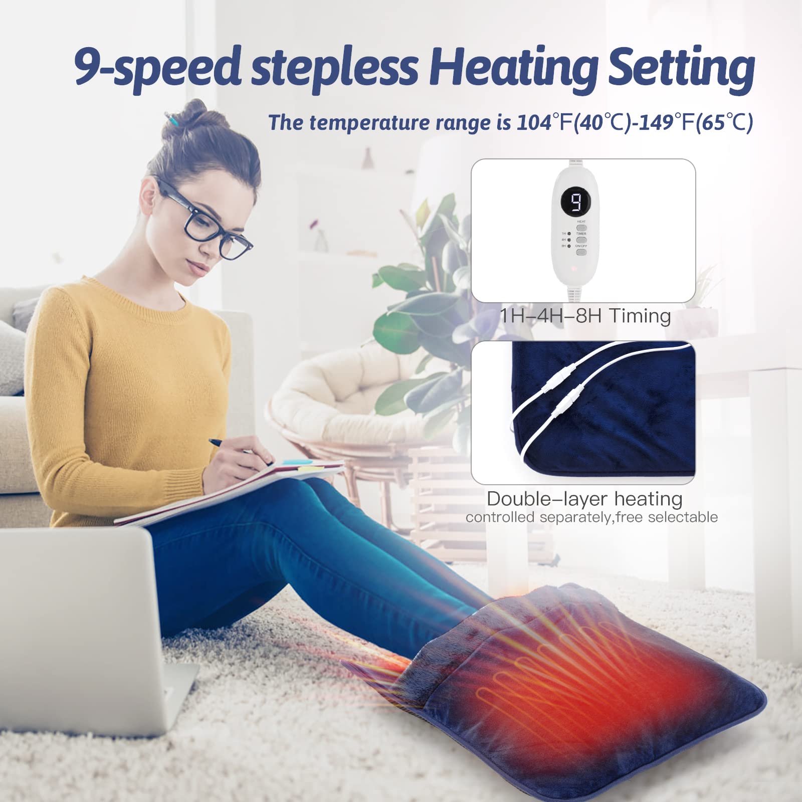 Double Sided Electric Foot Warmer with LCD Display & Machine Washable - Non-Slip Heating Pad for Under Desk, Bed, Office & Home - Navy Blue 20