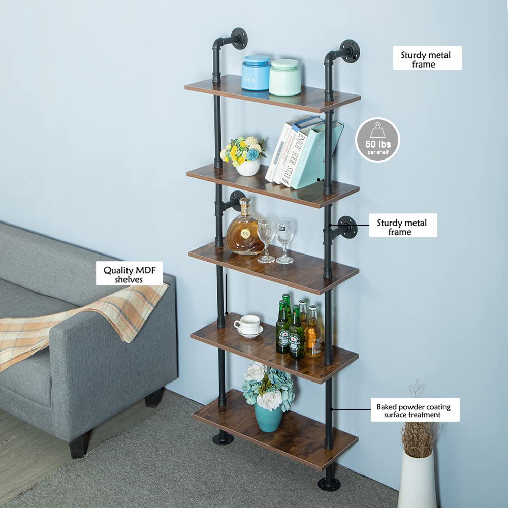 ZIOTHUM 5-Tier 67-Inch Industrial Pipe Shelving Unit - Heavy Duty Rustic Black Metal Shelves for Garage, Basement & Warehouse Storage (Perfect for Organizing Tools, Books & Home Decor)