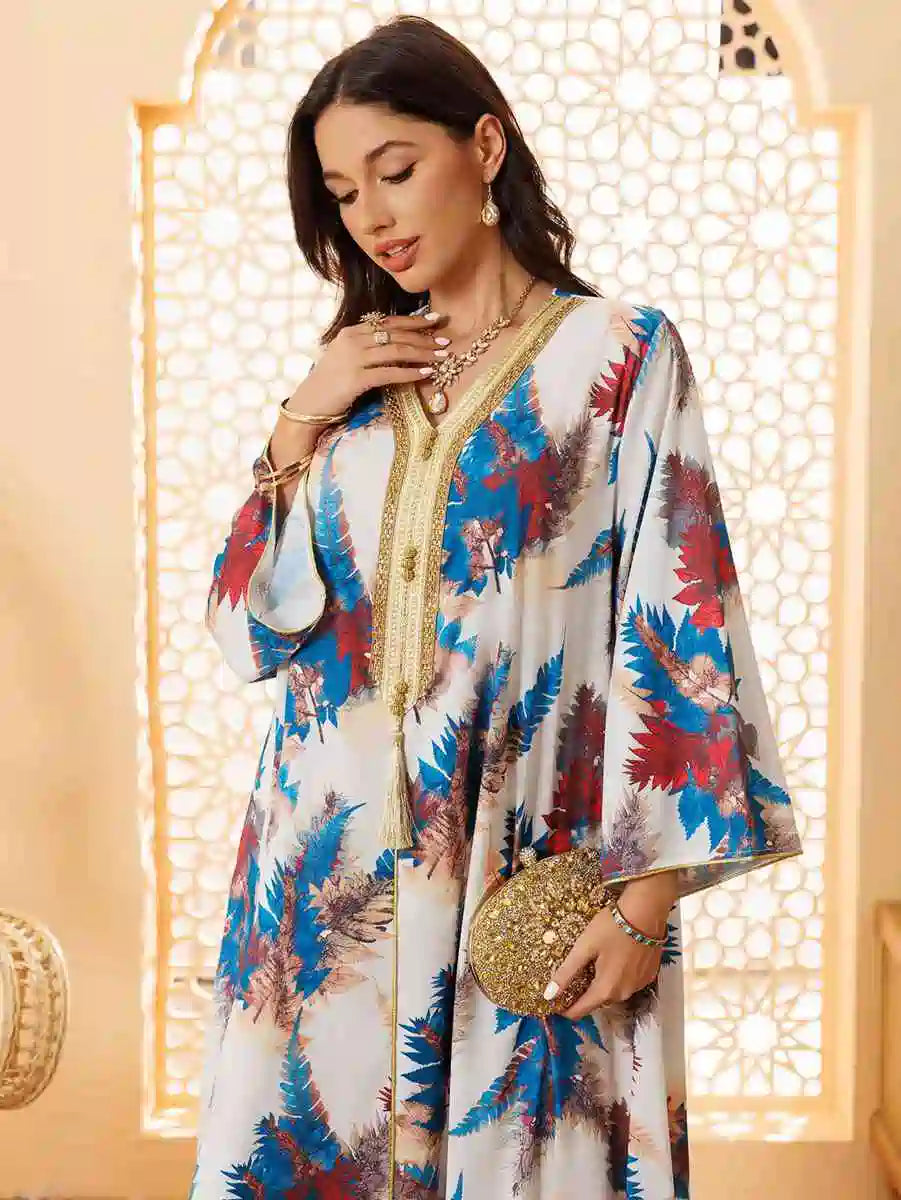 Elegant Hotfix Rhinestone Printed Eid Caftan Dress for Women - Perfect for Eid Celebrations, Weddings & Special Occasions