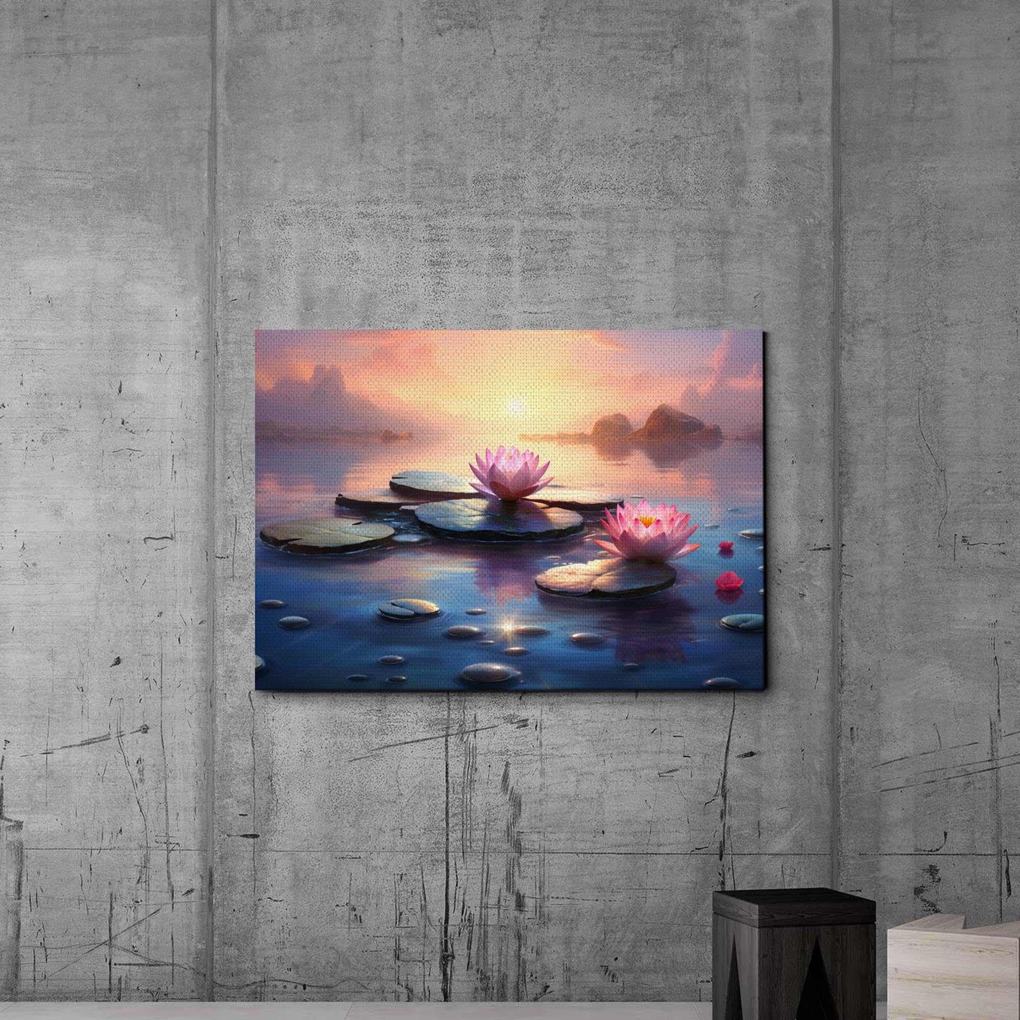 Zen Wall Art Decor - Framed Canvas Zen Garden with Stone Flower & Peaceful Water Sunset Meditation Print - Yoga Room Decor, Home Office Scenery Wall Hanging for Relaxation & Mindfulness Spaces