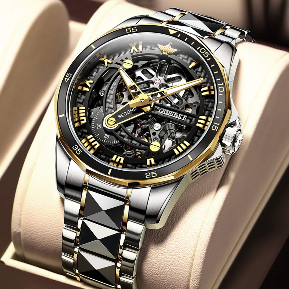 OLEVS Automatic Skeleton Men's Luxury Watch - Mechanical Self-Winding Sapphire Crystal Tungsten Steel Wristwatch - 50M Waterproof & Luminous - No Battery Needed - Perfect for Business, Formal Events & Everyday Wear