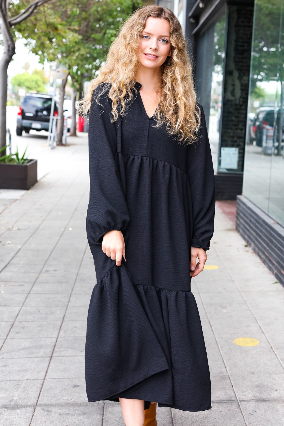 Elegant Black Notched Neck Frill Hem Tiered Maxi Dress for Women - Perfect for Weddings, Parties & Evening Events