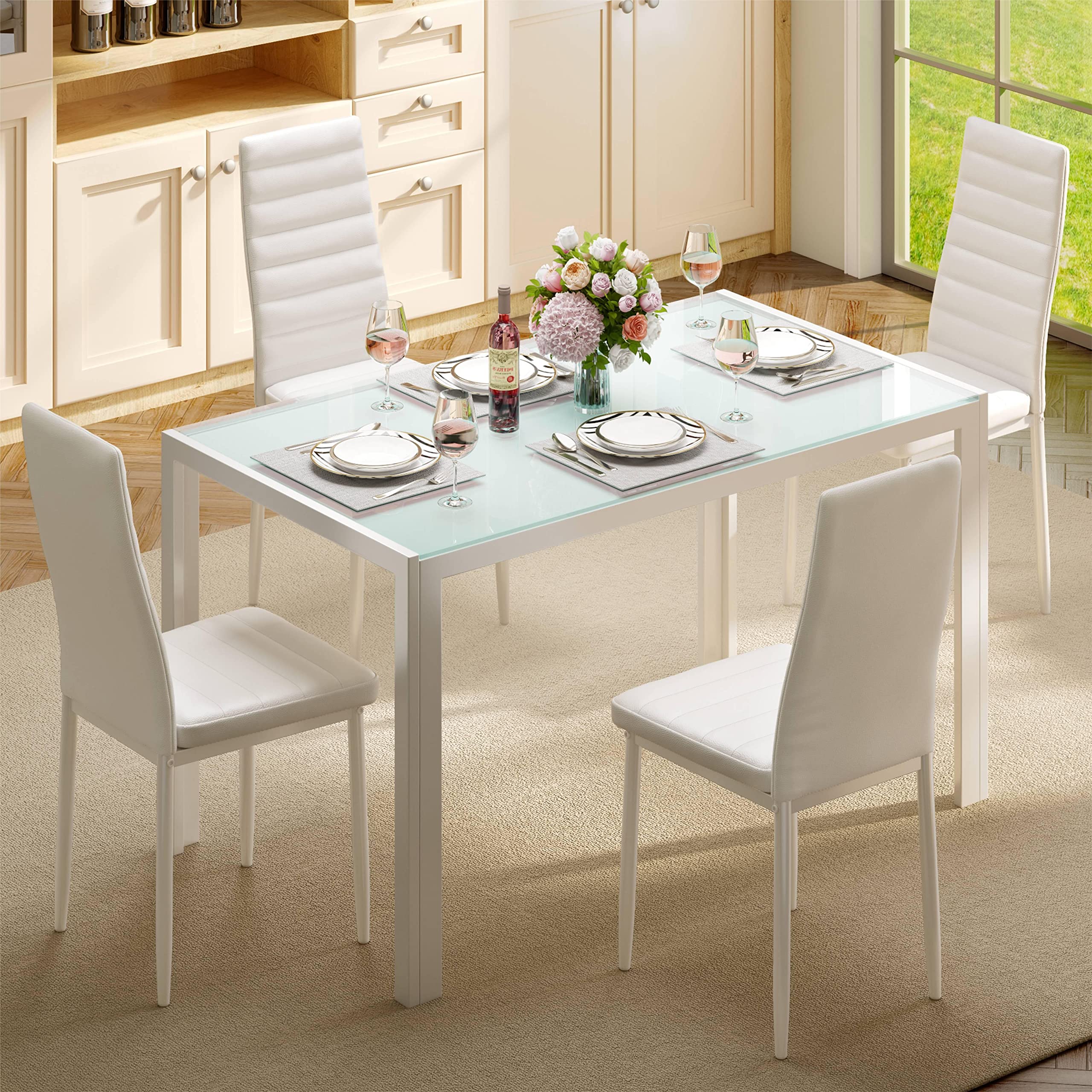 Gizoon 5-Piece Modern Glass Dining Table Set with PU Leather Chairs for 4, Perfect for Kitchen, Living Room, and Small Space Dining