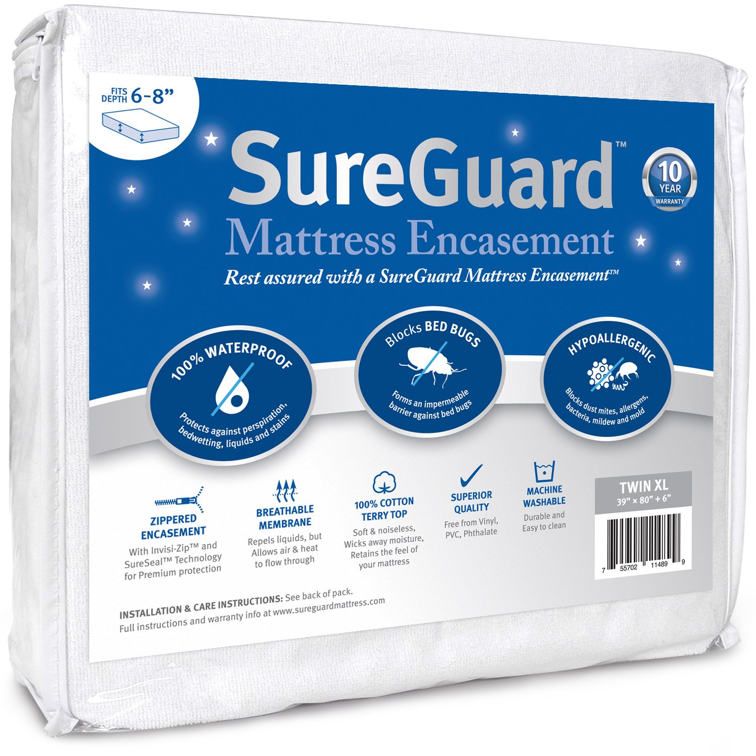 SureGuard Twin XL Mattress Encasement (6-8 Inch Deep) - 100% Waterproof, Bed Bug Proof & Hypoallergenic Cover - Premium 6-Sided Zippered Protection for Allergy Relief & Pest Control - Ideal for Dorms, Apartments & Guest Rooms