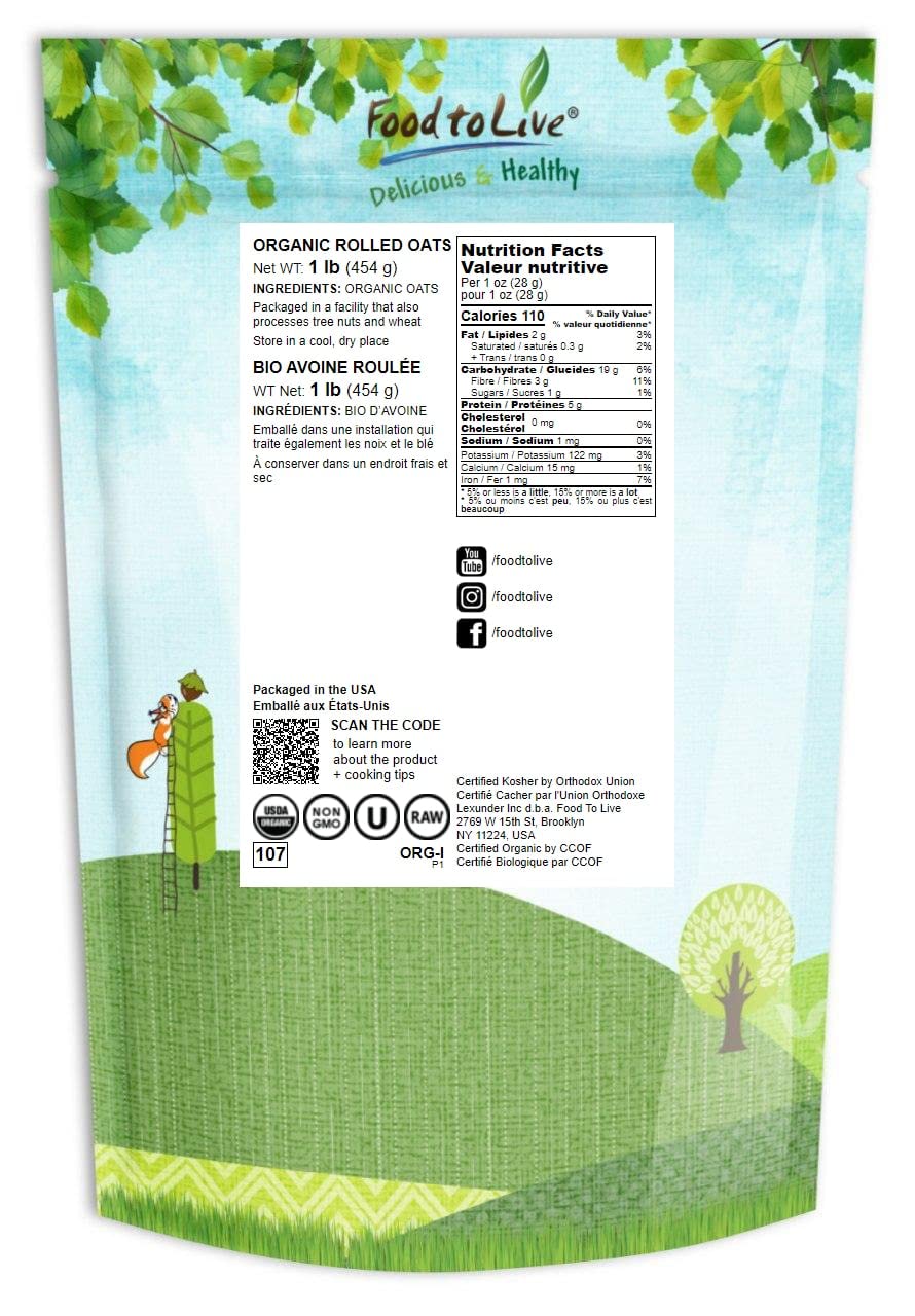 Organic Rolled Oats 1 Pound - Old Fashioned Whole Grain, Non-GMO, Raw, Kosher, Bulk Oats for Healthy Breakfast, Baking & Overnight Oats - Perfect for Smoothies, Granola & Energy Bars