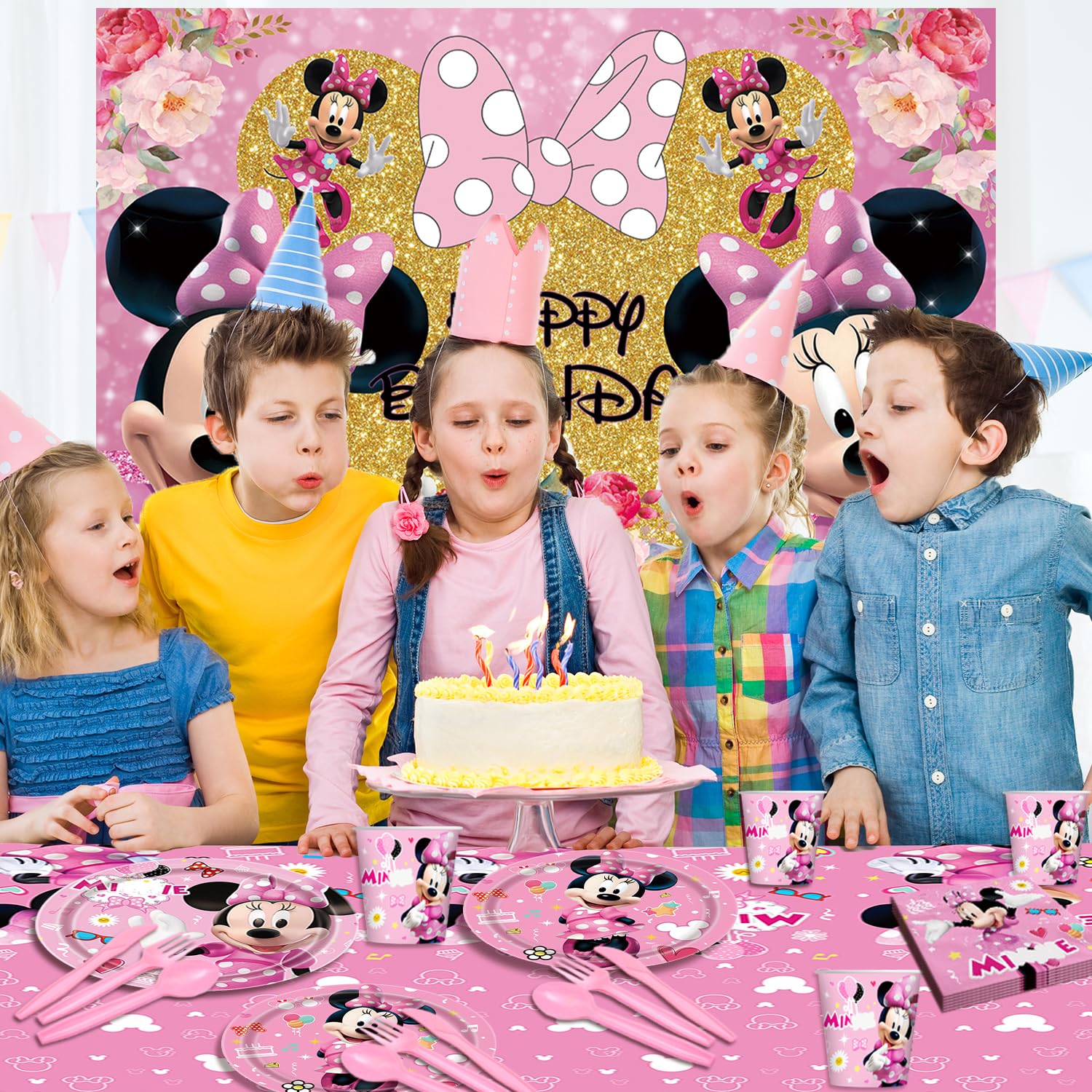Pink Mouse Party Tableware Set - 6x4ft Backdrop, Dinner Plates, Dessert Plates, Paper Cups, Forks, Knives, Spoons, Napkins & Tablecloth - Perfect for Birthday Parties, Baby Showers & Themed Events