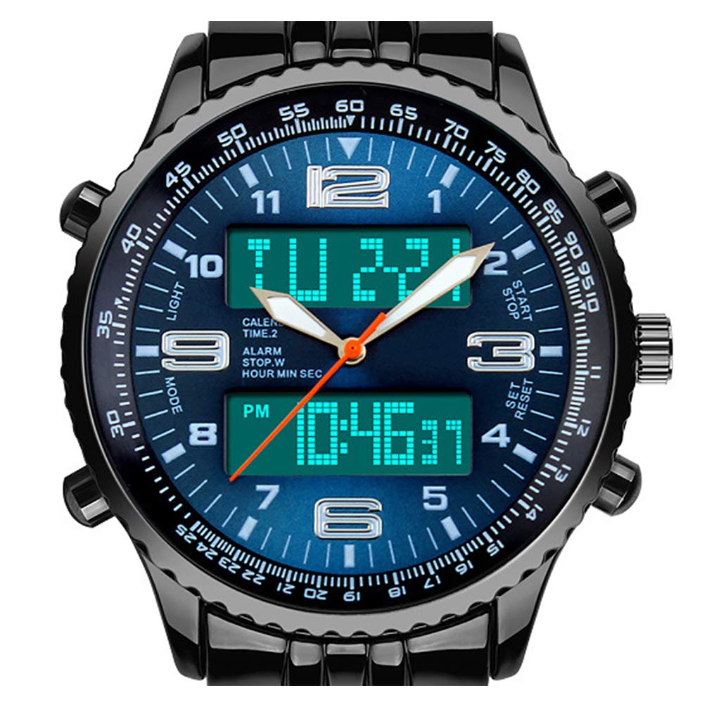 VIGOROSO Men's LED Analog Digital Sports Watch with Date & Week Display - Durable Black Steel Strap for Running, Gym & Outdoor Activities