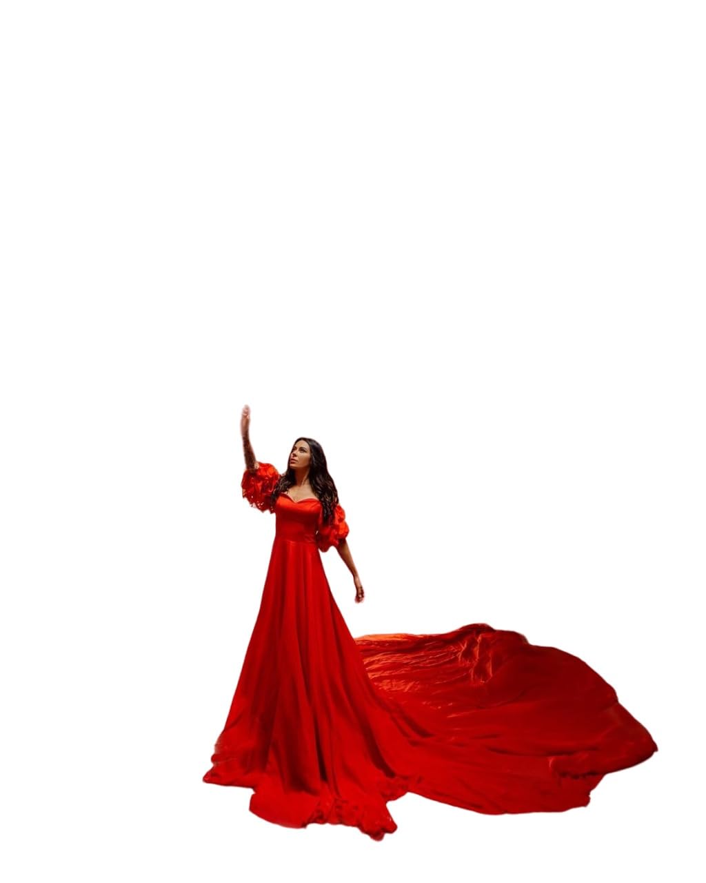 Elegant Corset Sleeve Long Flying Dress for Photoshoots - Flowy Satin Gown with Train for Destination Weddings, Santorini Vacations & Beach Photoshoots