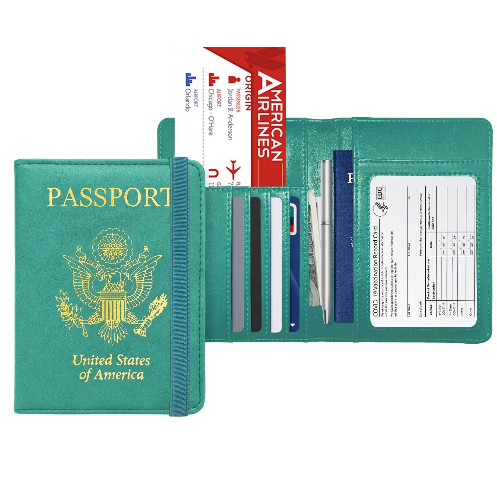 RFID Blocking Leather Passport Holder with Vaccine Card Slot - Slim Water Resistant Glitter Travel Wallet for Men & Women (Aqua) | Perfect for International Travel & Document Protection