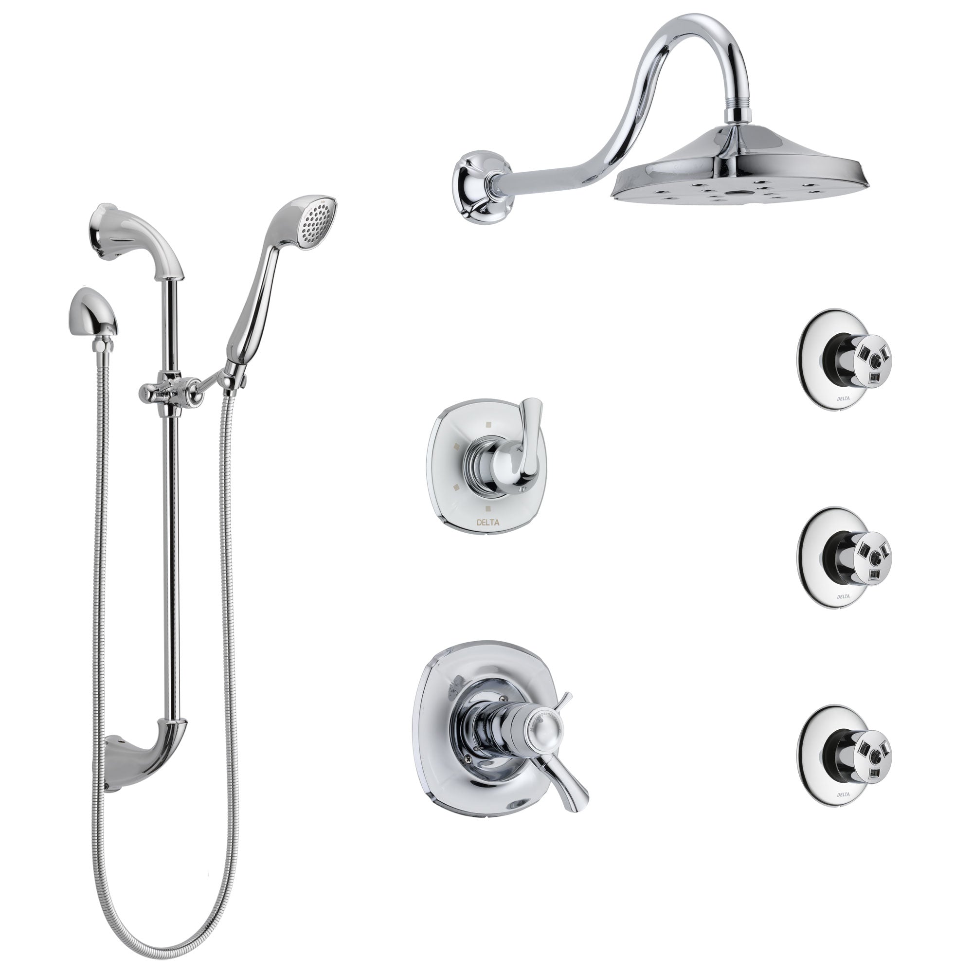 Delta Addison Chrome Shower System - Dual Thermostatic Control Handle, 6-Setting Diverter, Showerhead, 3 Body Sprays & Hand Shower SS17T29223 | Perfect for Modern Bathroom Renovations & Spa-Like Showers