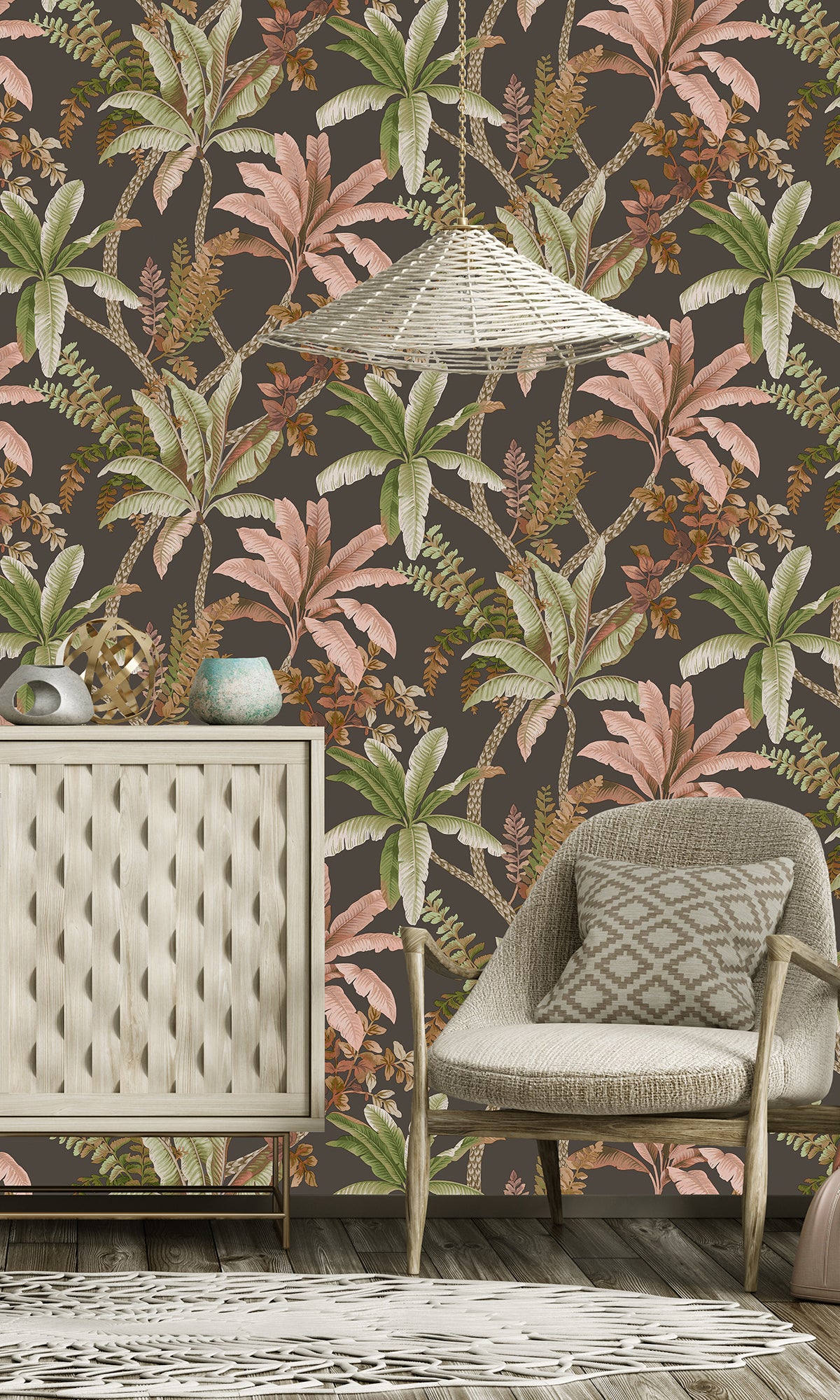Charcoal Serene Tropical Oasis Wallpaper R9605 - Nature-Inspired Peel & Stick Wall Mural for Bedroom, Living Room & Office Decor | Easy to Install & Removable