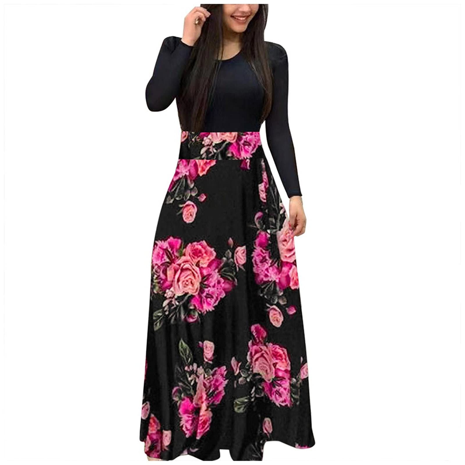 Women's Floral Print Maxi Dress - Long Sleeve Casual Sundress with Halter Neckline | Perfect for Beach Vacations, Summer Parties & Boho Fashion